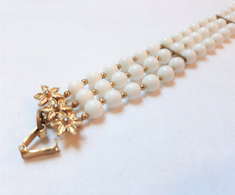 Stunning 1940s, Early 1950s Triple Strand White Beaded Faux Pearl Bracelet with Stunning Gold accents, Mid Century Modern