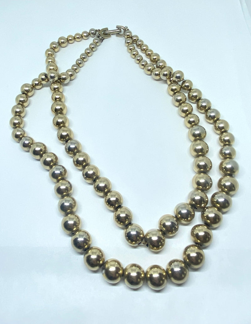 MONET signed Gold Plated Double Strand, Pearl type Necklace with signed Gold Swirl Earrings, 1970s