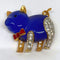 Shiny Blue Pig Brooch - Pin with Gold Trim and Rhinestones - Resin - Super Cute