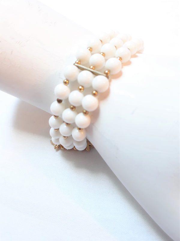 Stunning 1940s, Early 1950s Triple Strand White Beaded Faux Pearl Bracelet with Stunning Gold accents, Mid Century Modern