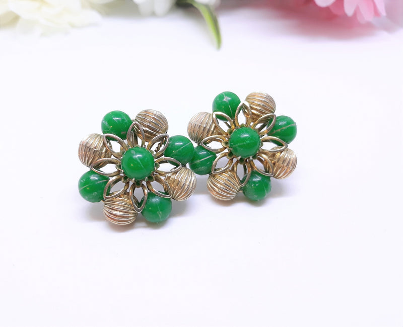 Gorgeous, CORO Signed Green and Gold Starburst Earrings - Clip-on Backing