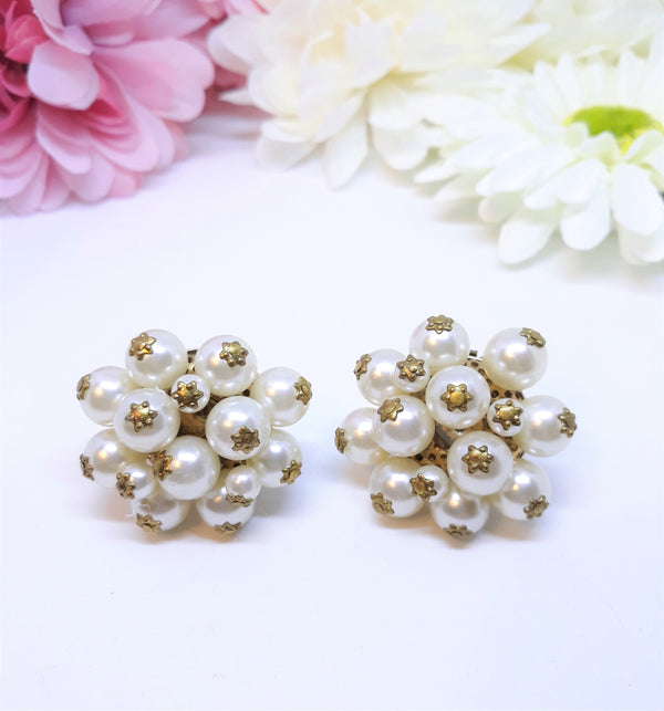 Large White and Gold Tone Vintage Cluster Earrings, 1.5 inches