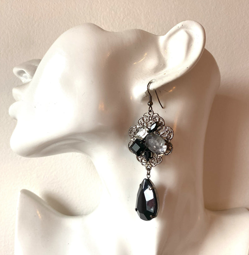 Vintage Inspired Goth, Dangle Earrings - Pierced. Goth, Victorian Style, Black, Lucite and Silvertone