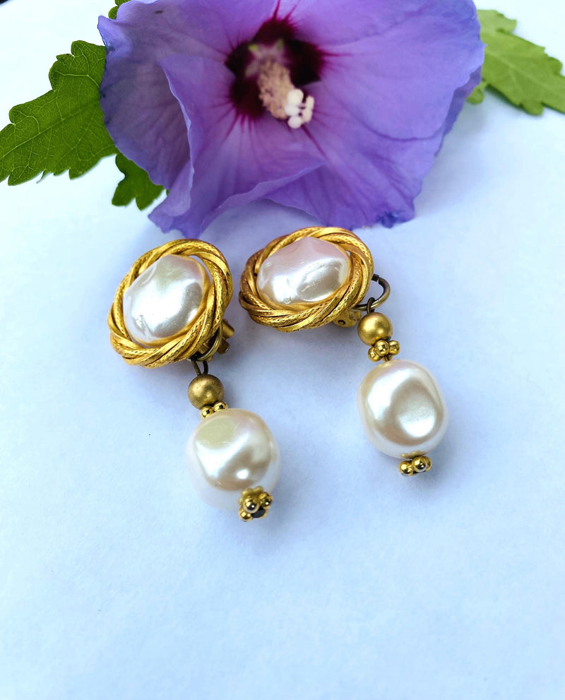 Kate Hinds, Fresh Water Pearl and Gold Dangle Clip-On Earrings