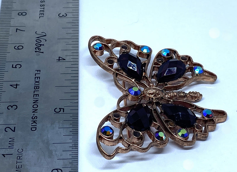 Gorgeous Goldtone Purple Black Rhinestone Butterfly Brooch - STUNNING