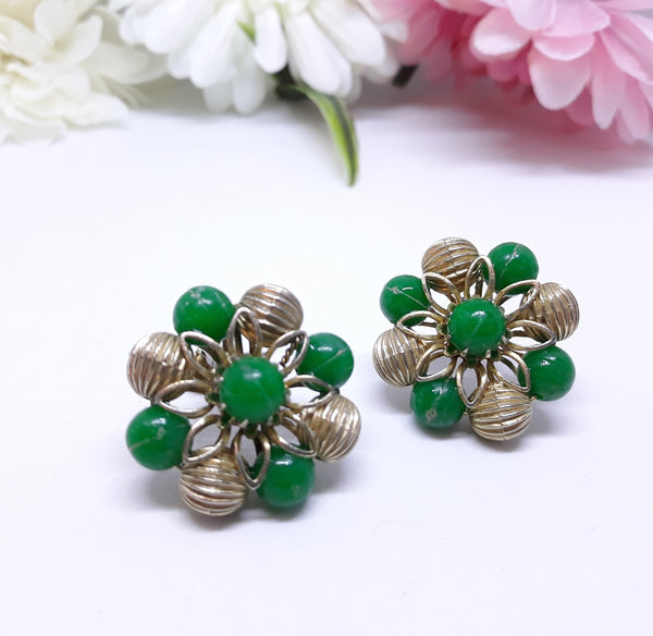 Gorgeous, CORO Signed Green and Gold Starburst Earrings - Clip-on Backing