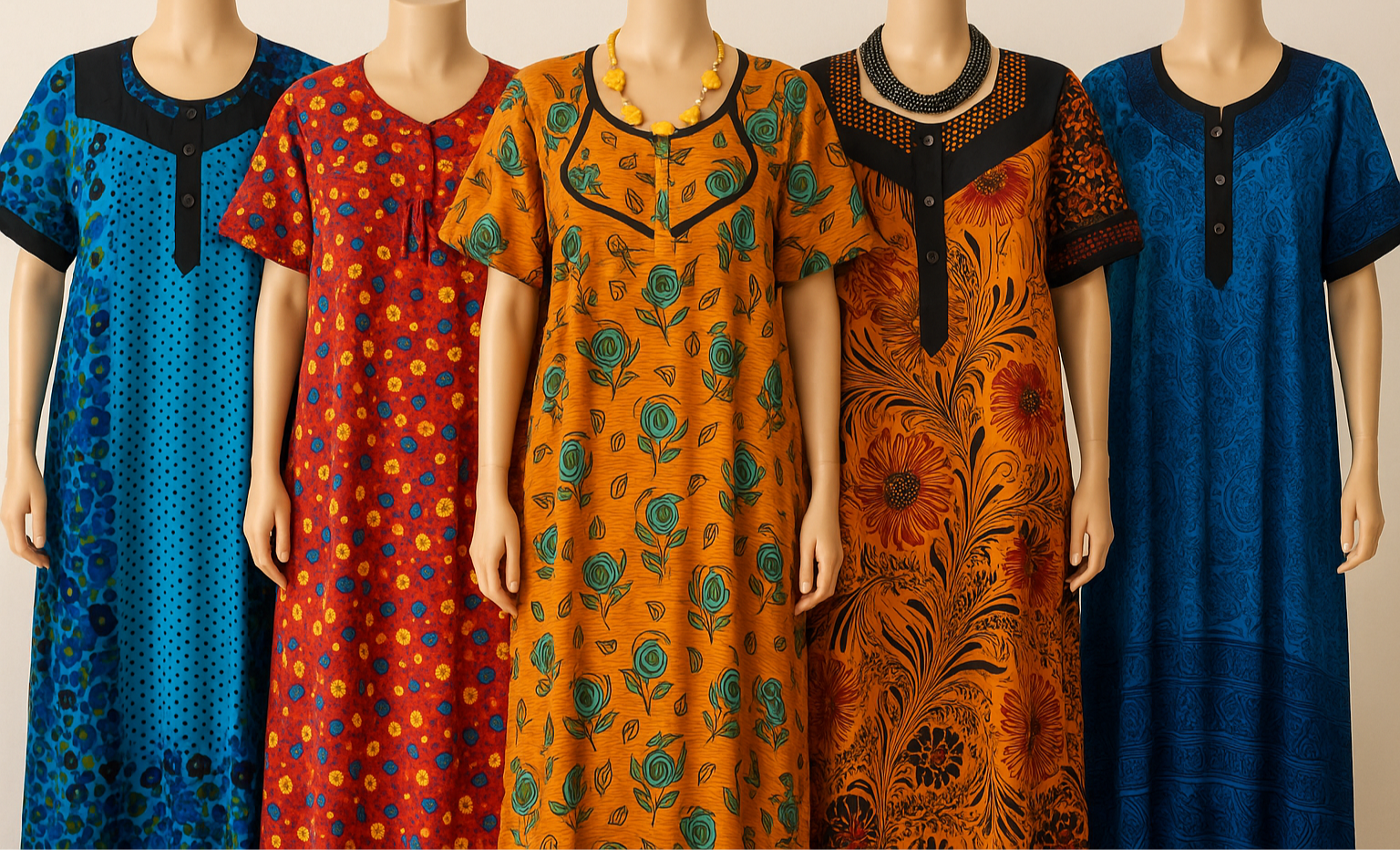 Generated carousel image featuring five colorful kaftans with various artistic patterns