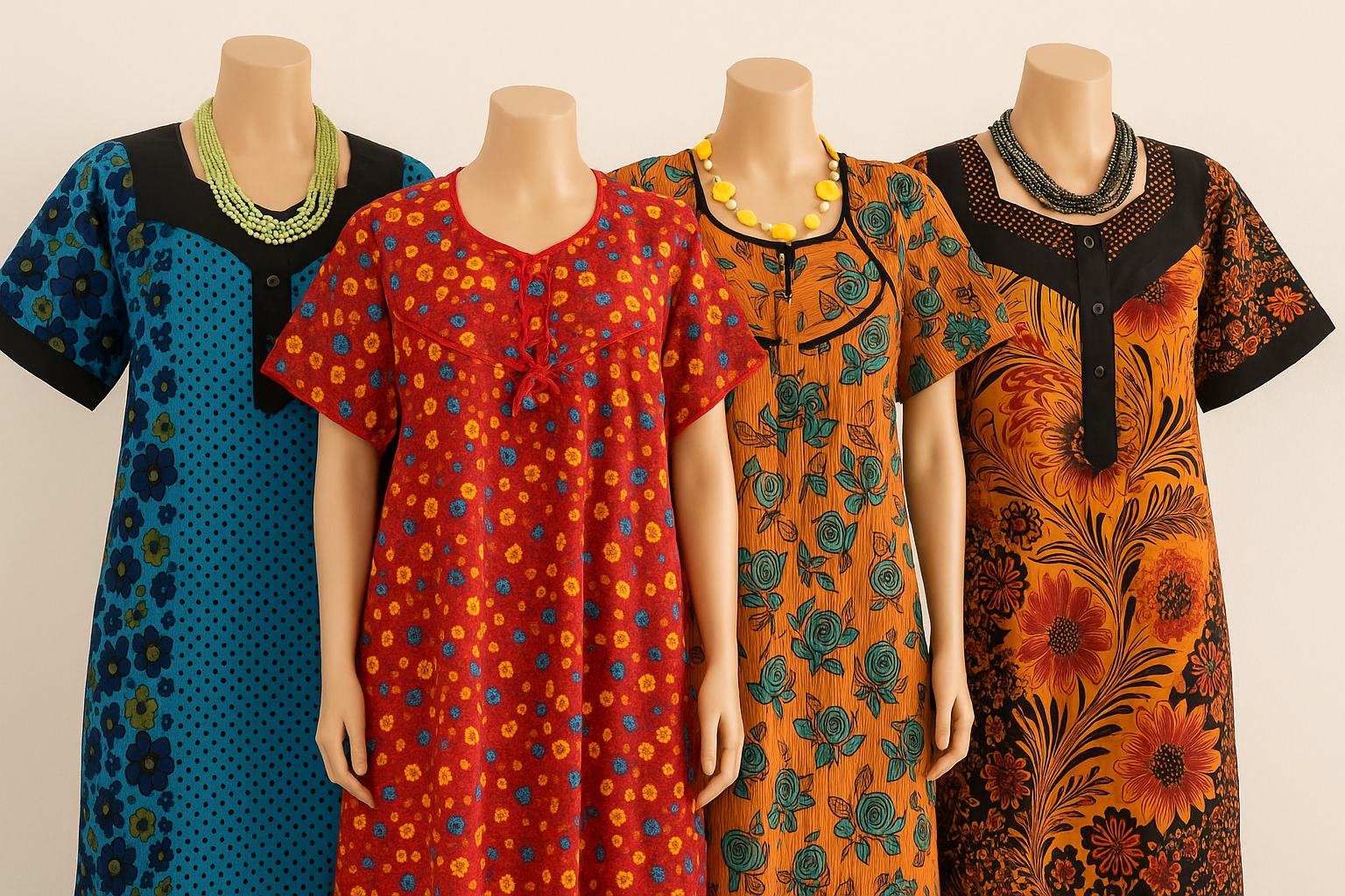 Generated carousel image featuring four colorful kaftans with various artistic patterns