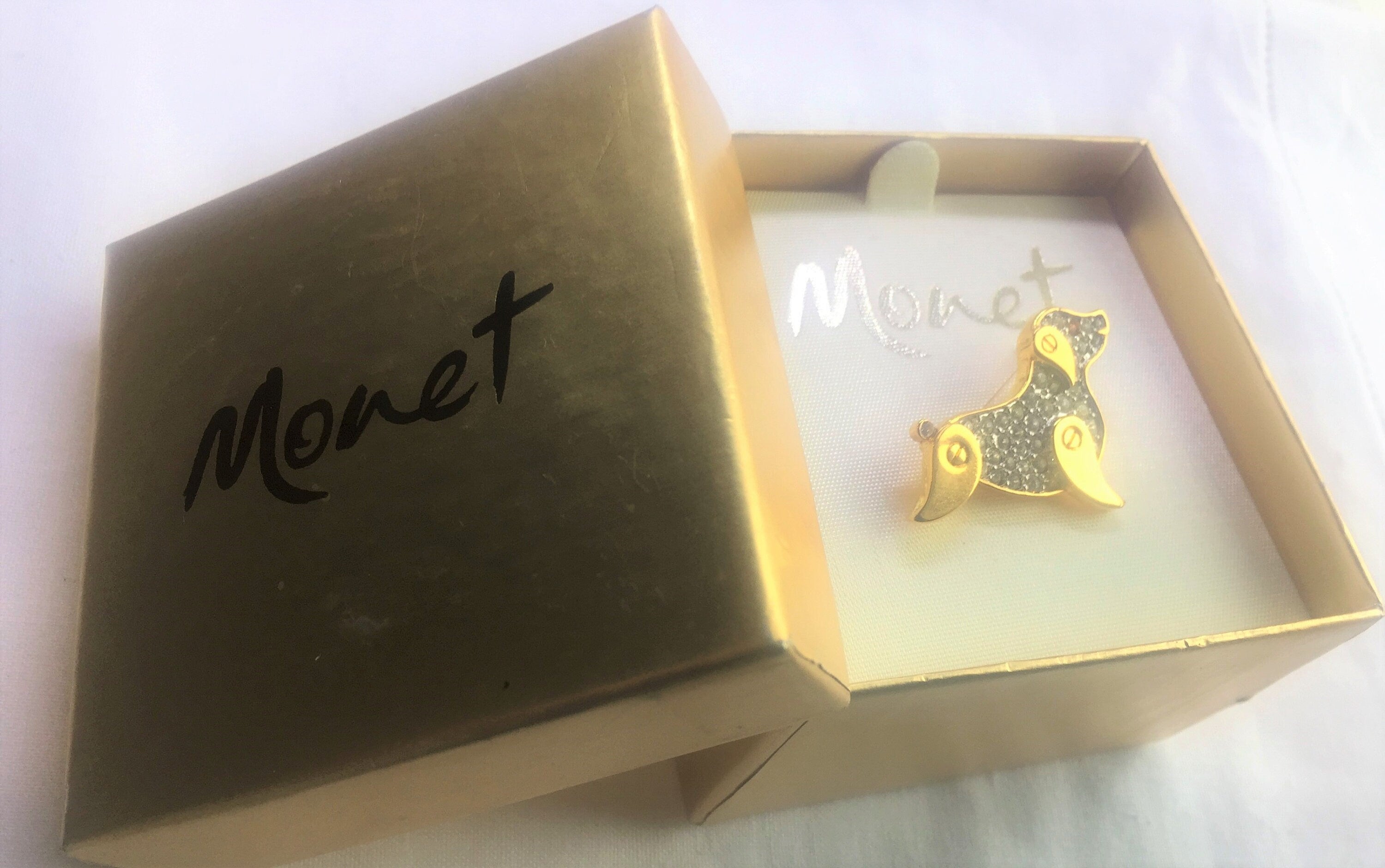 Vintage Monet Gold Tone Dog Pin - NEW deadstock - never used in original BOX. A true collector's item - Peppermint-Twist-Vintage.com