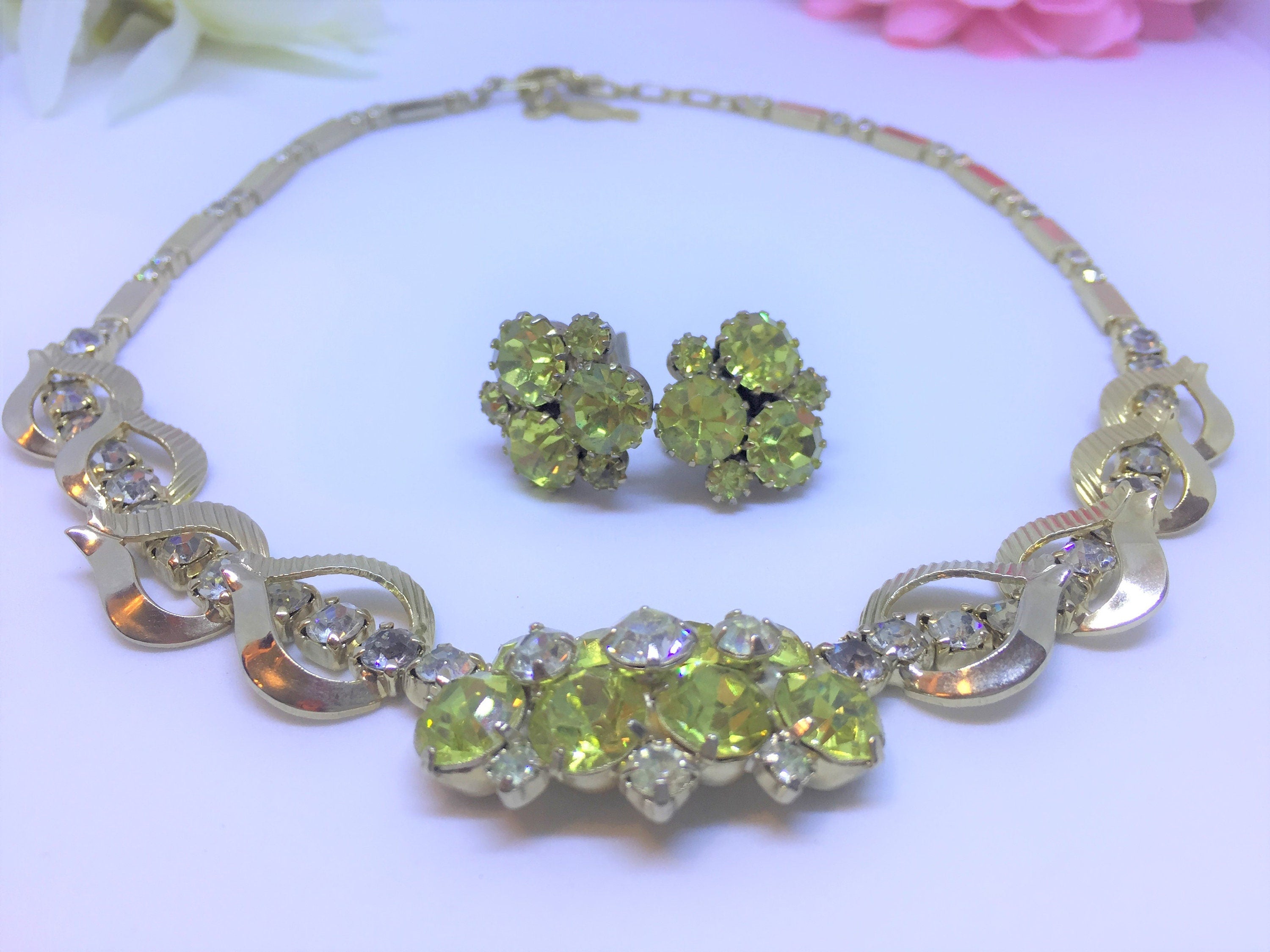Vintage Sarah Coventry Green Rhinestone Necklace and Earring Set - Vintage, 1950's-60s.