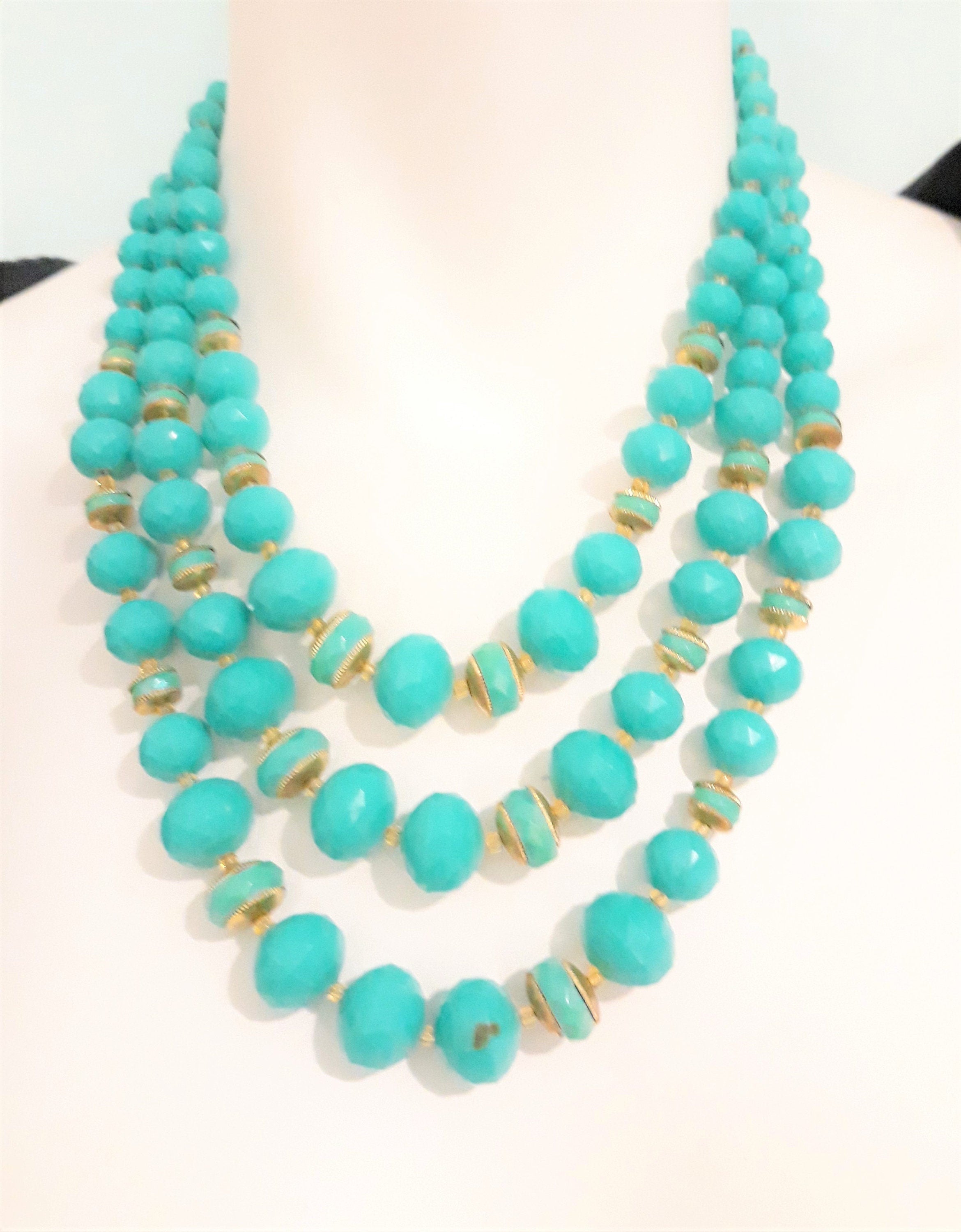 Turquoise Triple Strand Necklace with Matching Earrings Set - 1960s/60s - Teal - WOW