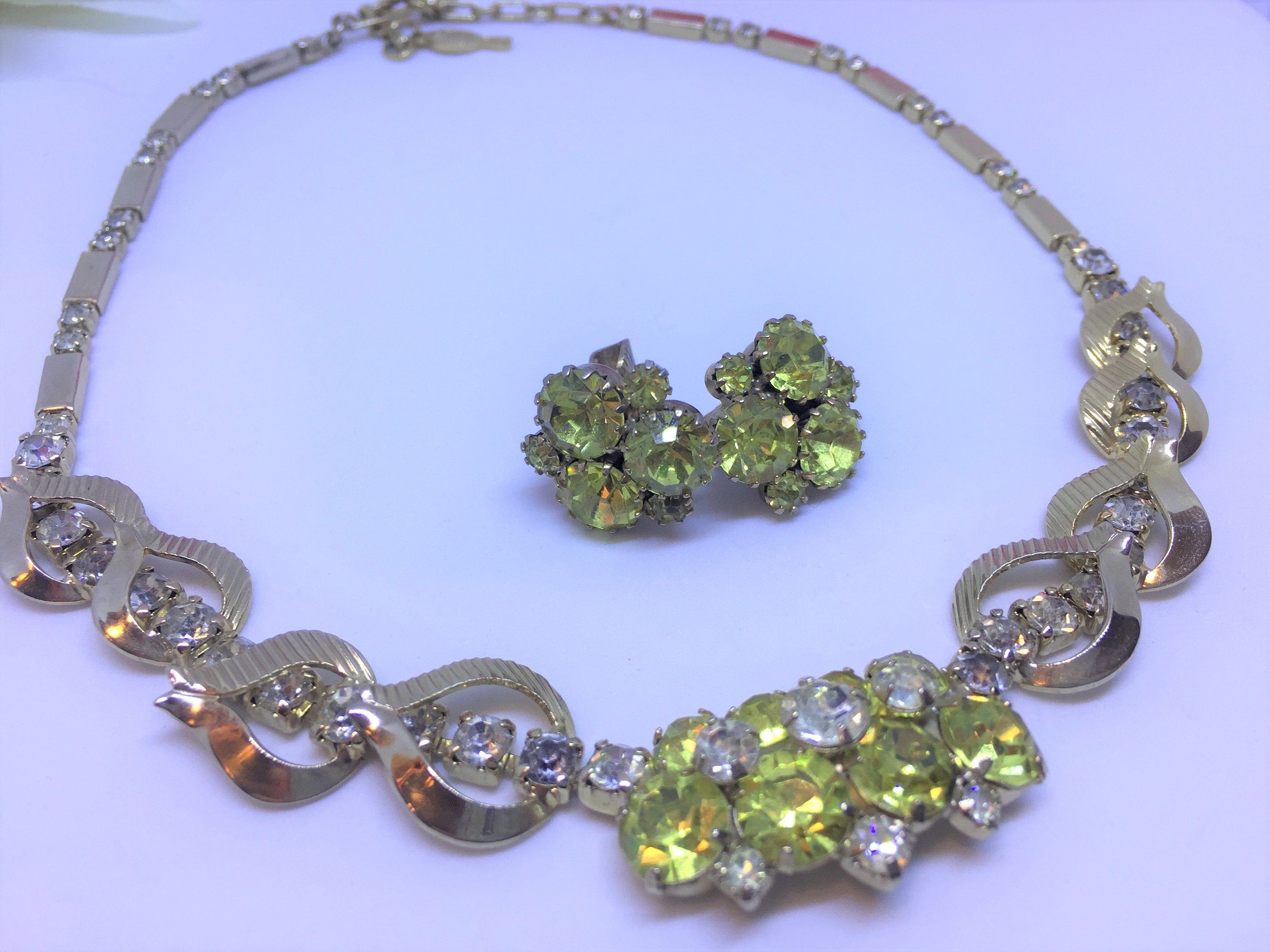 Vintage Sarah Coventry Green Rhinestone Necklace and Earring Set - Vintage, 1950's-60s.