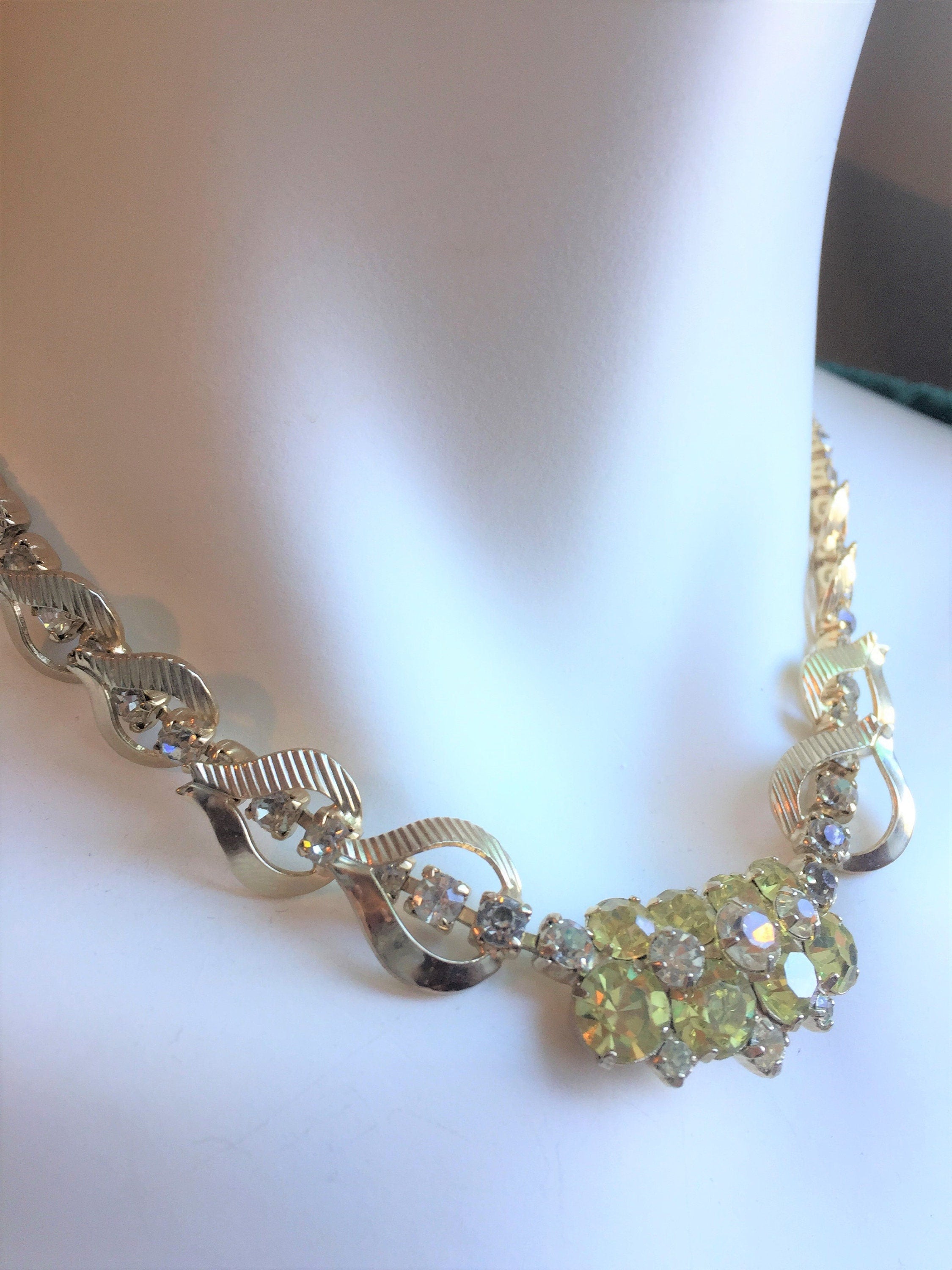 Vintage Sarah Coventry Green Rhinestone Necklace and Earring Set - Vintage, 1950's-60s.