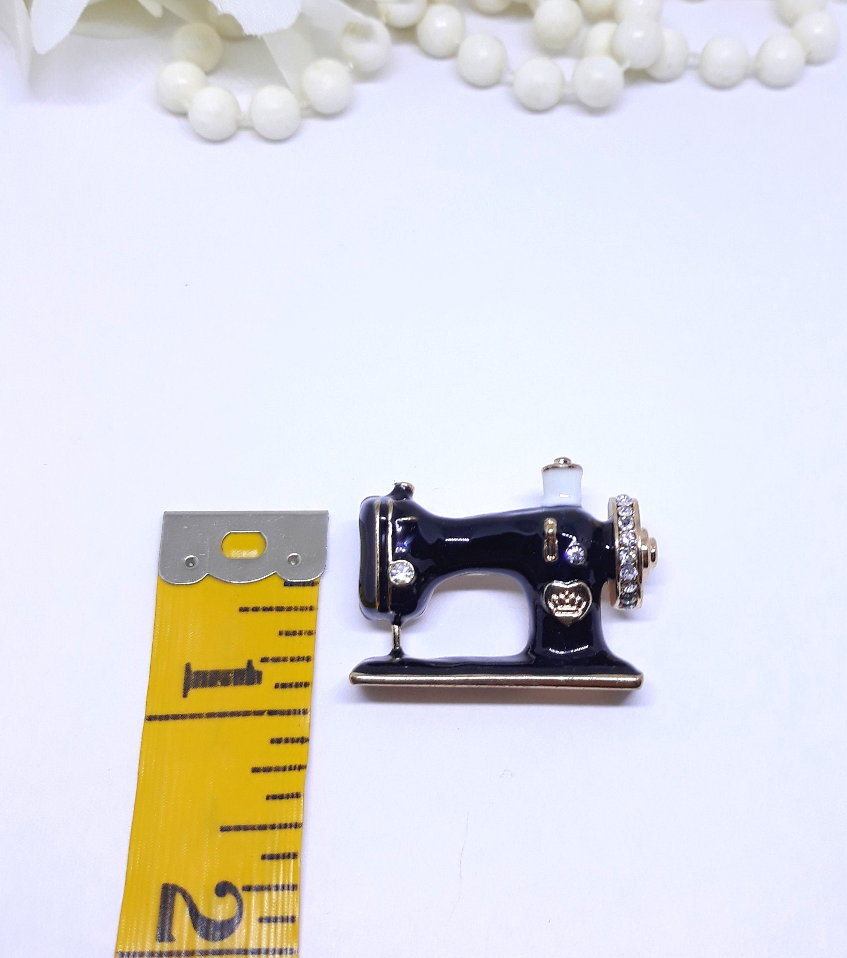 Vintage Inspired Sewing Machine Brooch Pin - Black with Gold and Rhinestone
