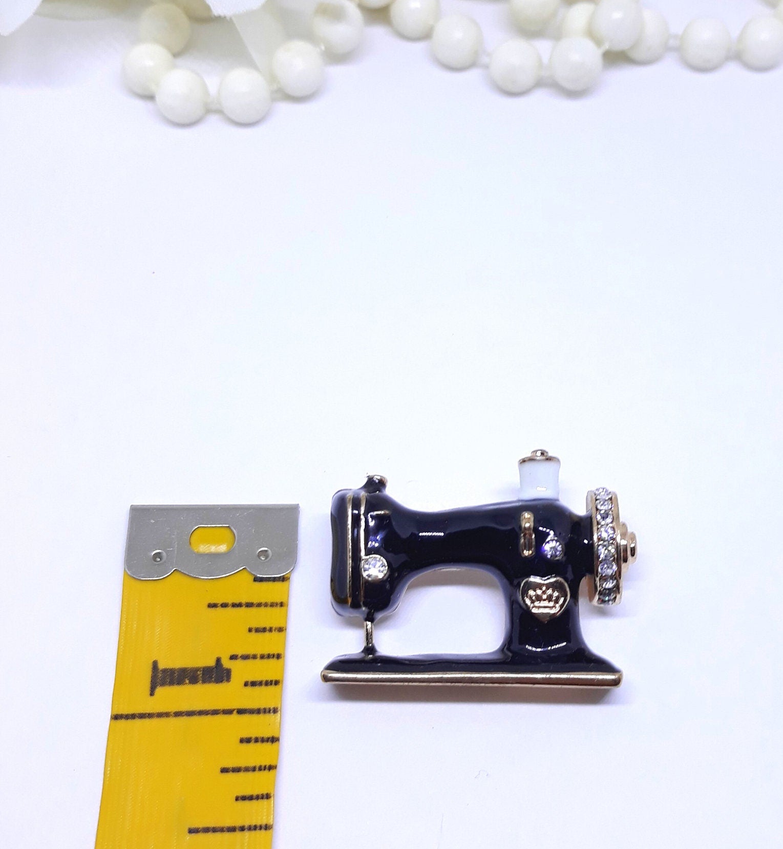 Vintage Inspired Sewing Machine Brooch Pin - Black with Gold and Rhinestone