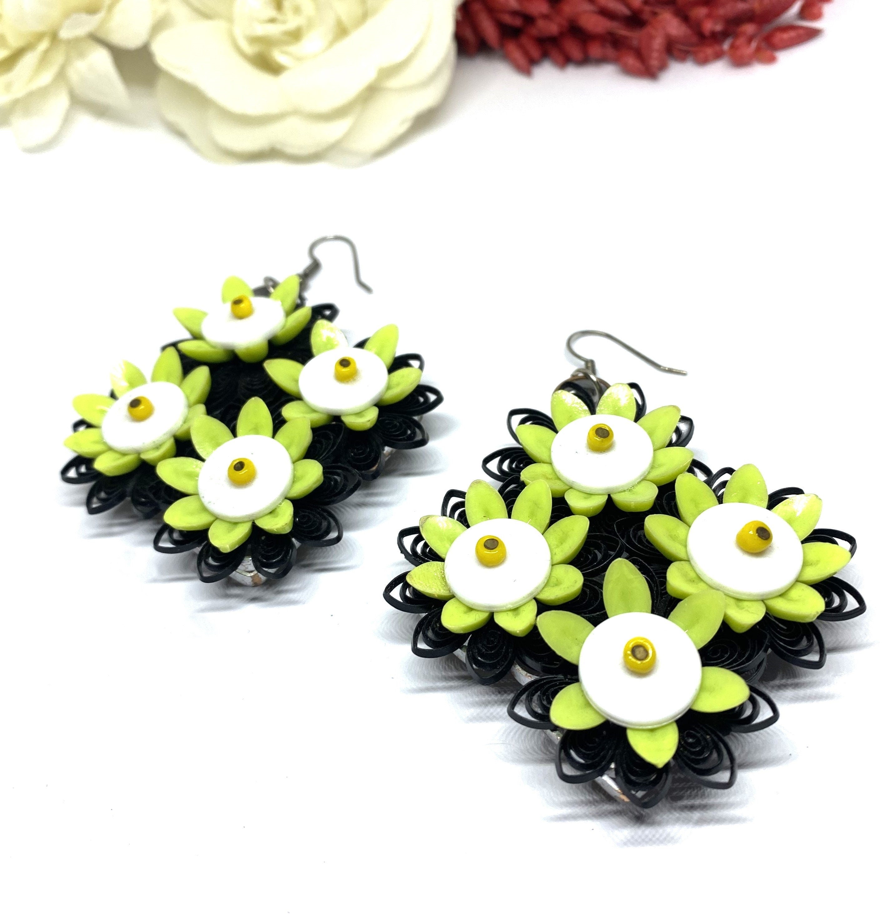 Gorgeous LARGE 1960s Plastic and Rubber Charteuse Floral Vintage Earrings - WOW - Original and Rare!