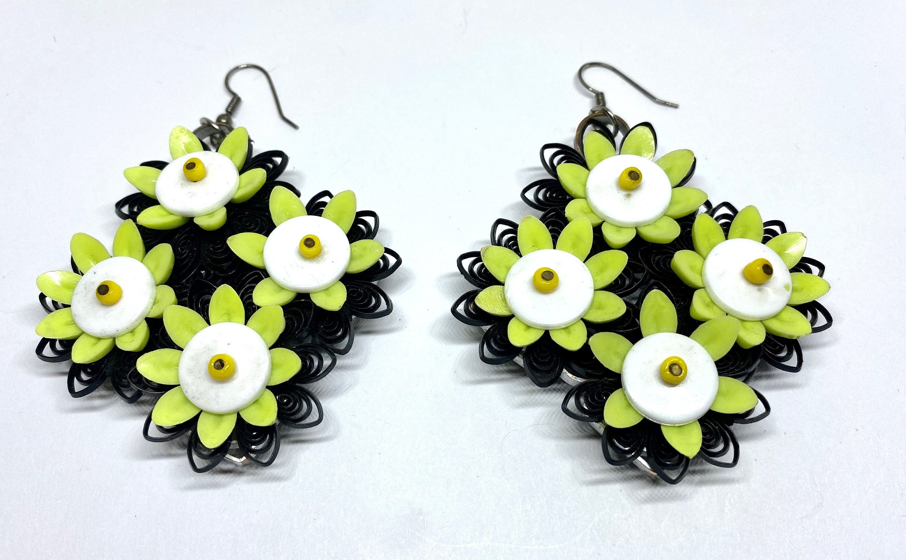 Gorgeous LARGE 1960s Plastic and Rubber Charteuse Floral Vintage Earrings - WOW - Original and Rare!