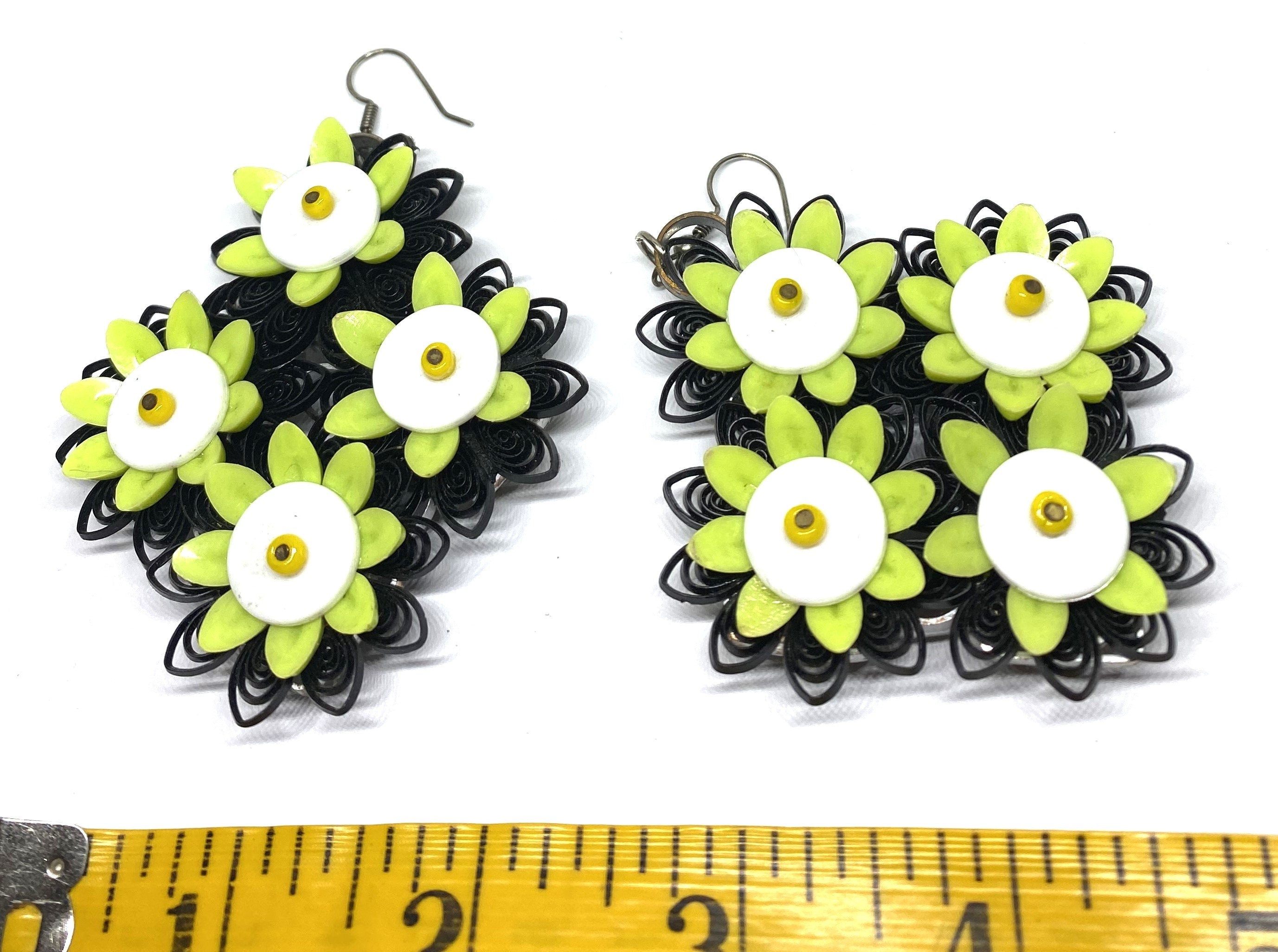 Gorgeous LARGE 1960s Plastic and Rubber Charteuse Floral Vintage Earrings - WOW - Original and Rare!