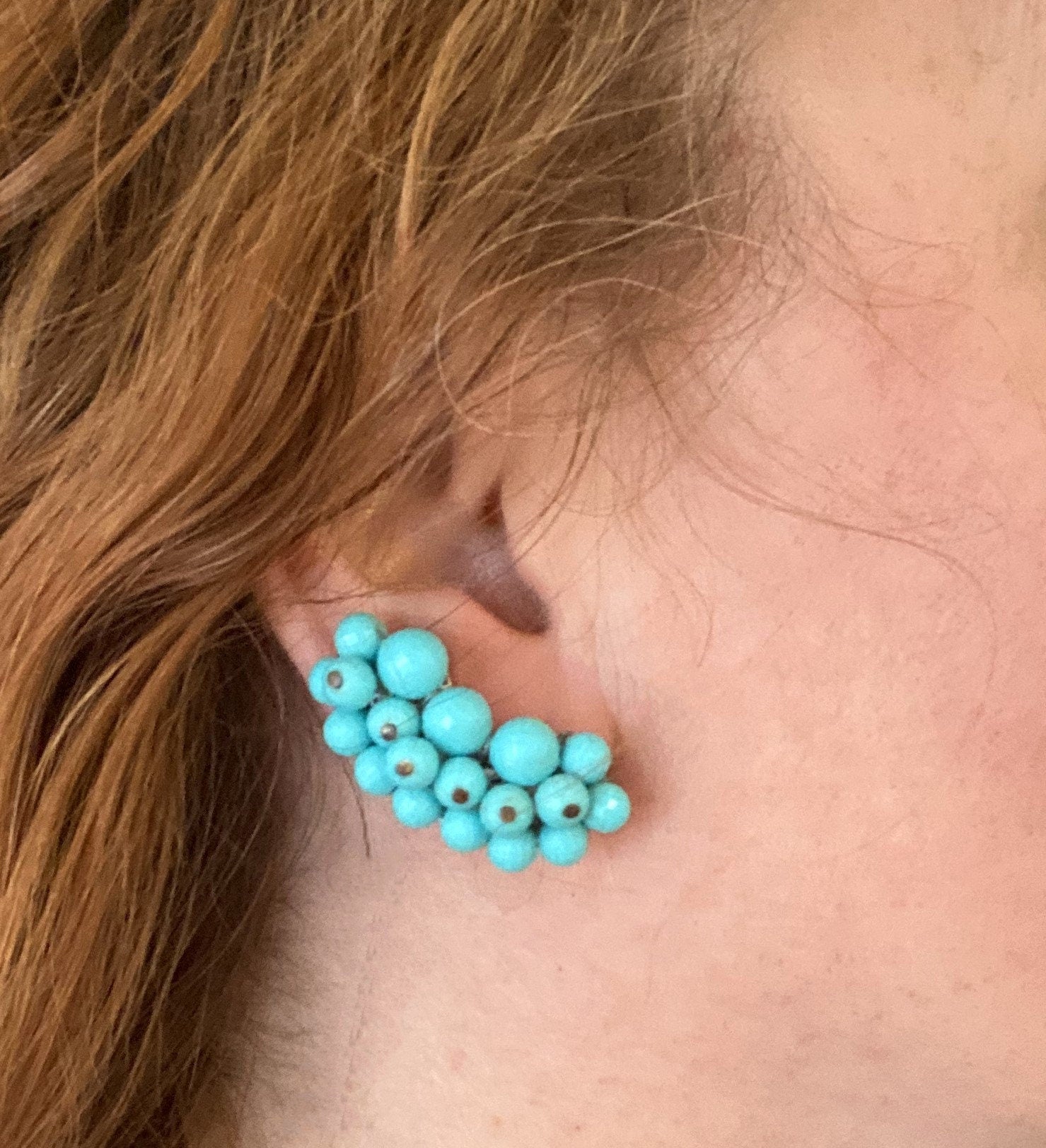 Turquoise Triple Strand Necklace with Matching Earrings Set - 1960s/60s - Teal - WOW