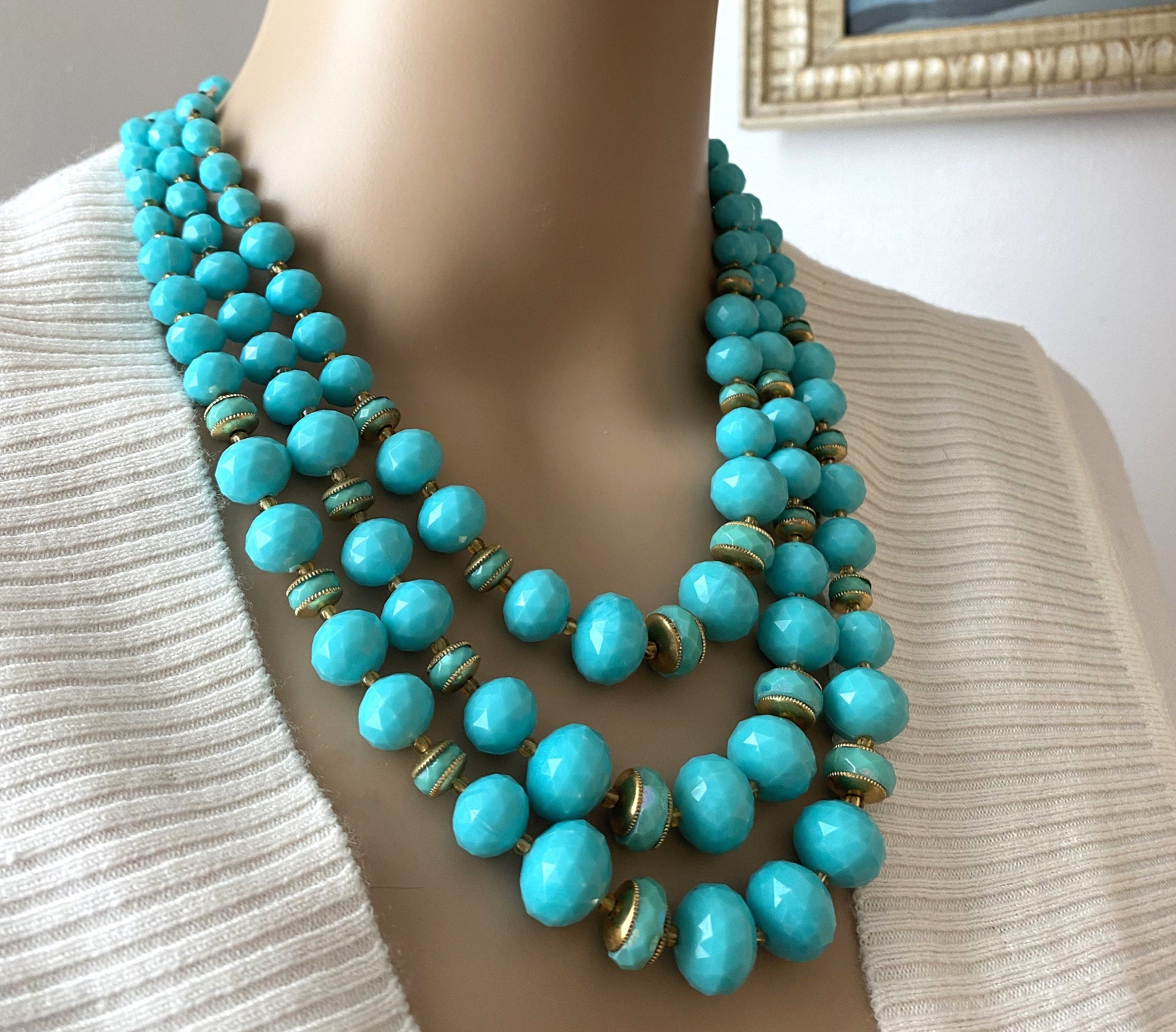 Turquoise Triple Strand Necklace with Matching Earrings Set - 1960s/60s - Teal - WOW