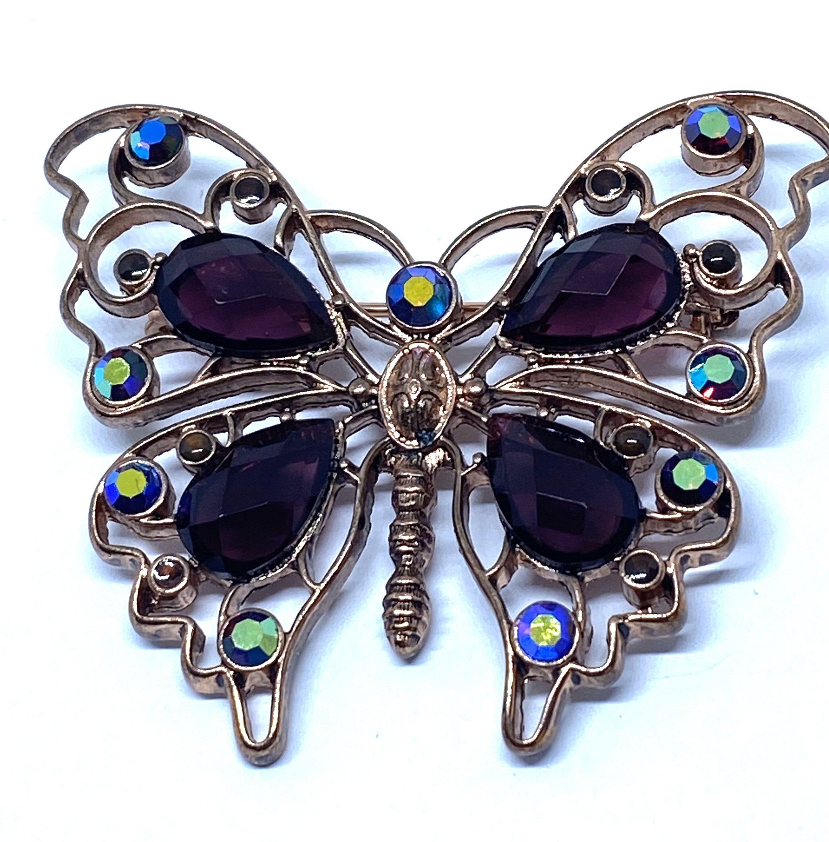 Gorgeous Goldtone Purple Black Rhinestone Butterfly Brooch - STUNNING - Peppermint-Twist-Vintage.com