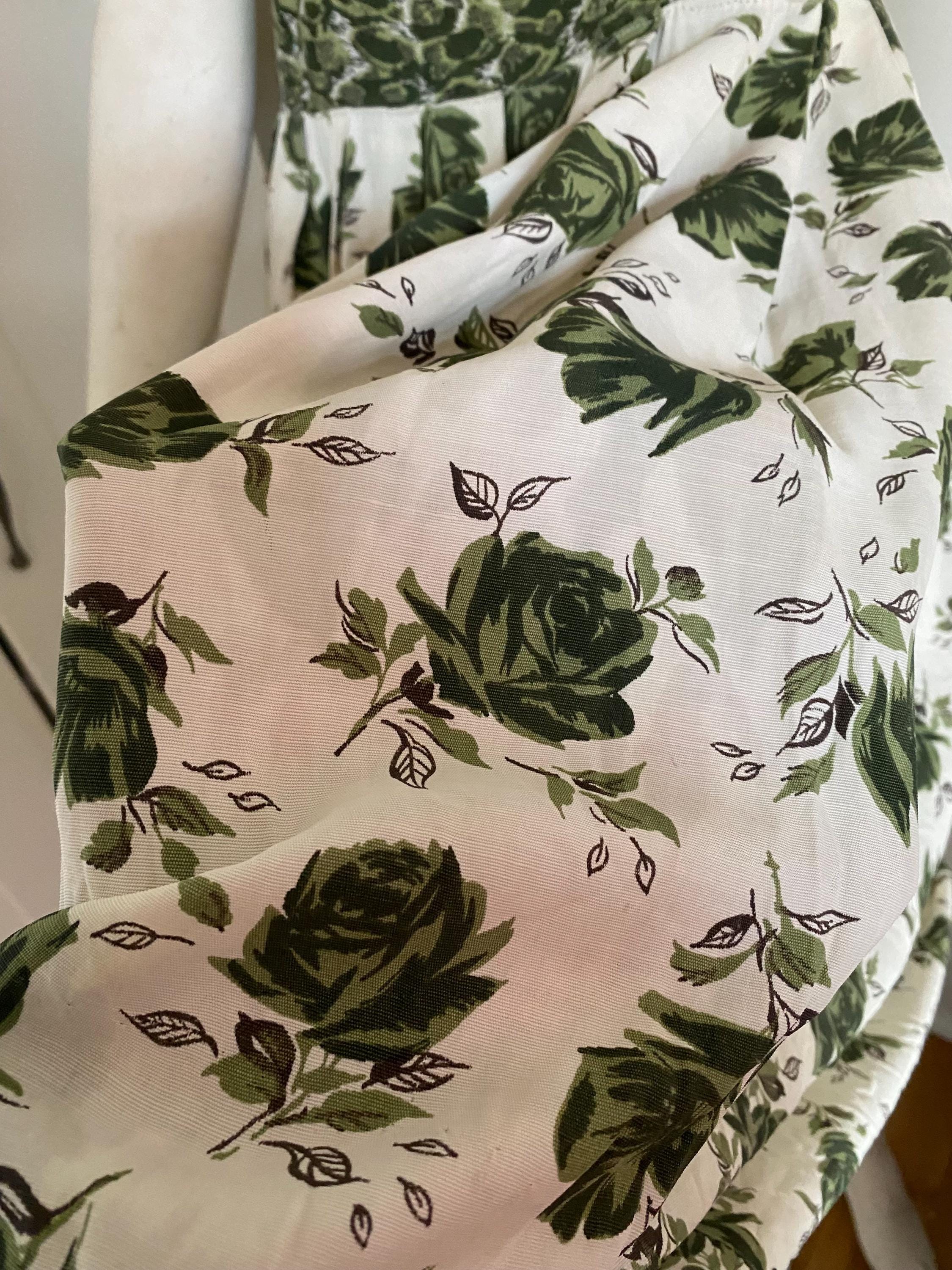 Gorgeous Linen Blend 1950s Dress - Green and White Rose Pattern, Swing, Handmade Size Medium (31 inch waist, 34 inch bust)