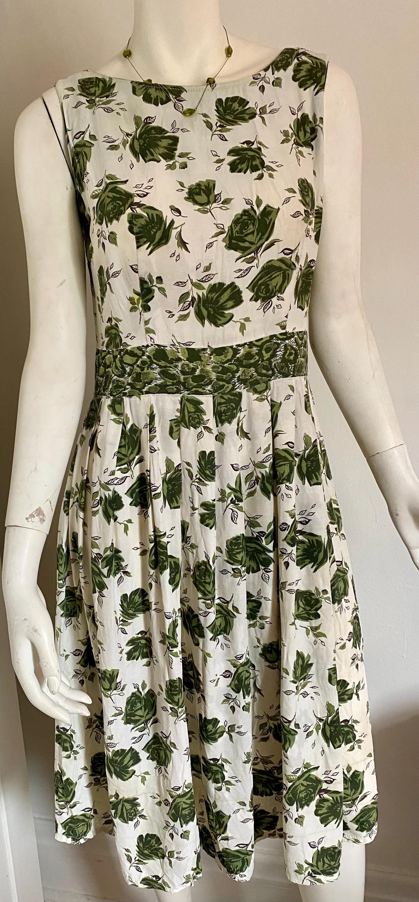 Gorgeous Linen Blend 1950s Dress - Green and White Rose Pattern, Swing, Handmade Size Medium (31 inch waist, 34 inch bust)