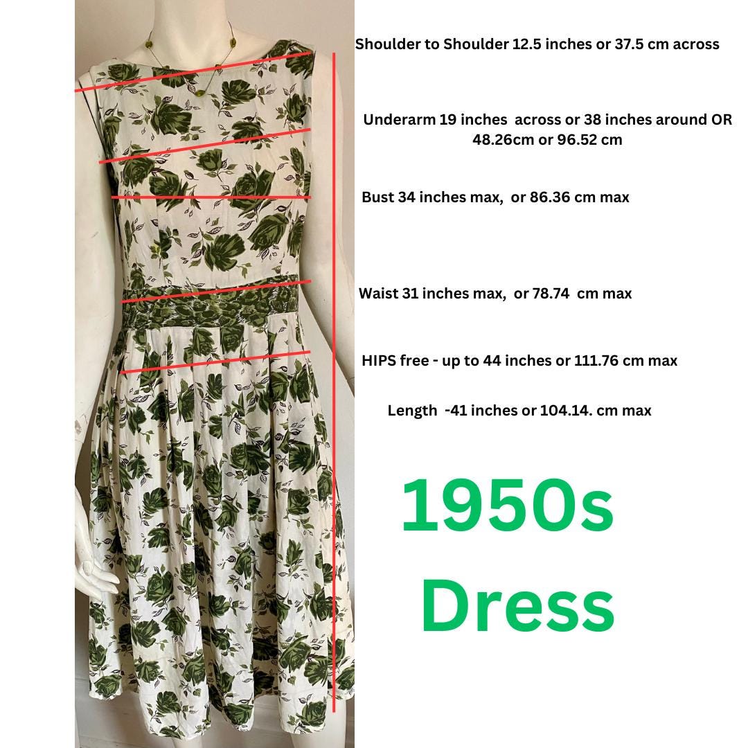 Gorgeous Linen Blend 1950s Dress - Green and White Rose Pattern, Swing, Handmade Size Medium (31 inch waist, 34 inch bust)