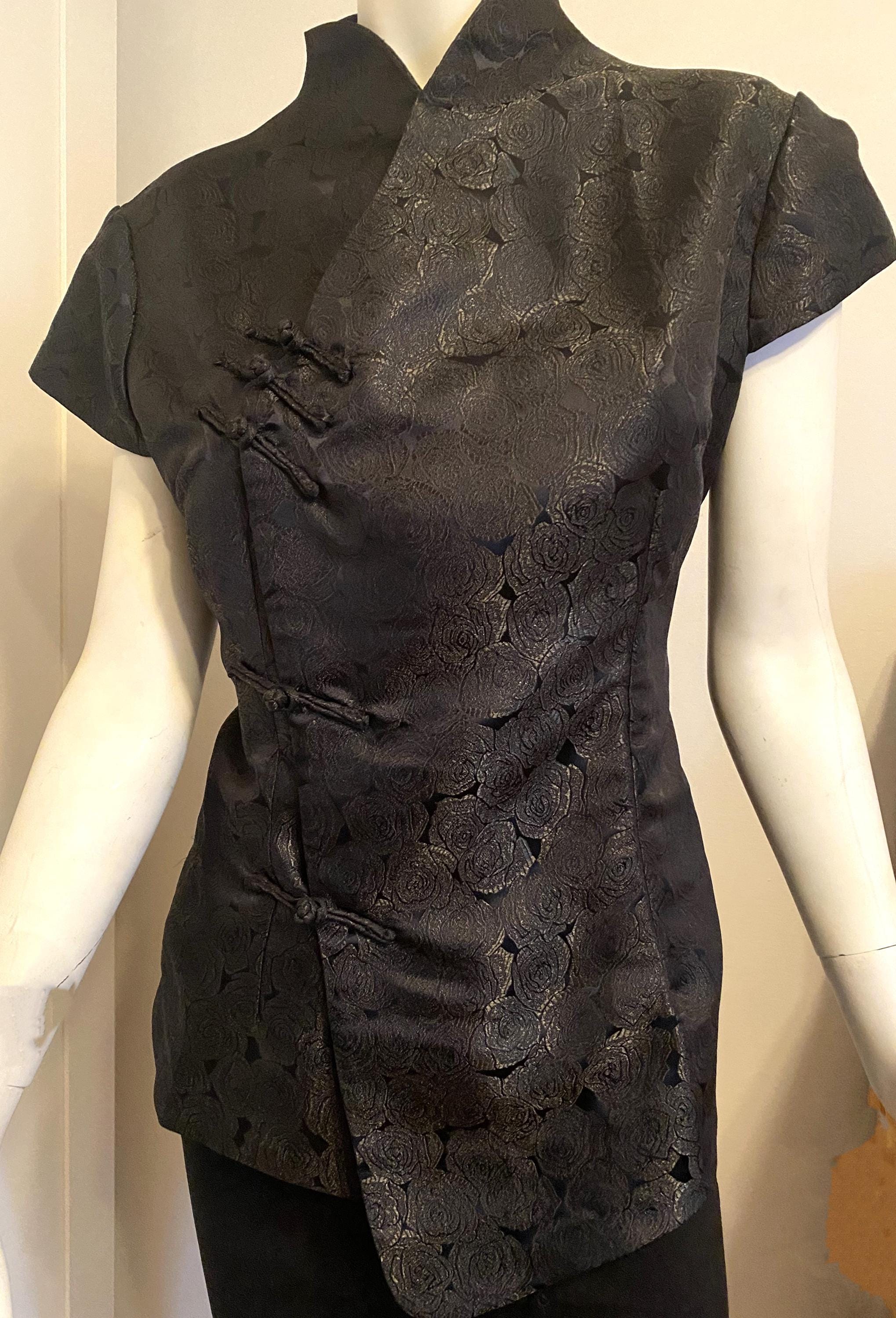 Black Satine Asian Top, XL Bust 38-40, Waist 32 - Peppermint-Twist-Vintage.com