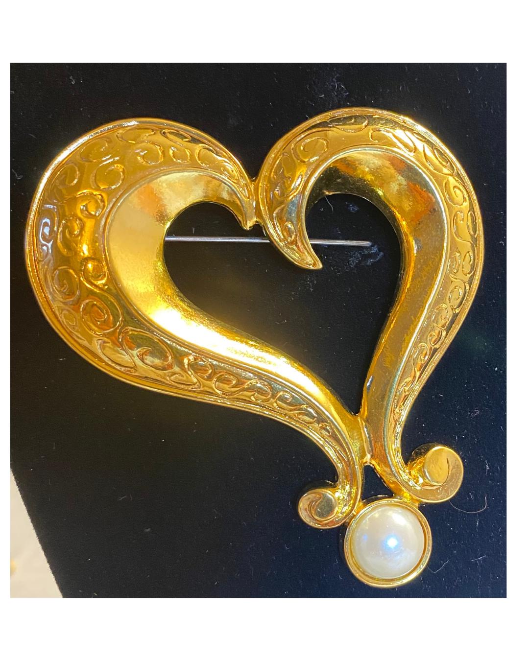 Large Goldtone Vintage Avon Heart Brooch with Faux Pearl, 3  inches, Valentine Gift - Peppermint-Twist-Vintage.com