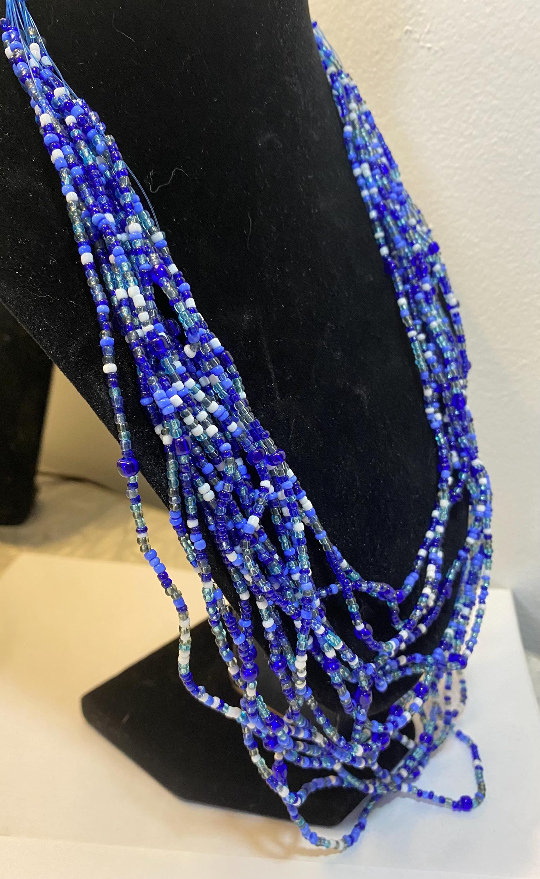 AVON Multi-Stand Seed Bead Necklace - BLUE - NEW deadstock, in box 2007 - Peppermint-Twist-Vintage.com