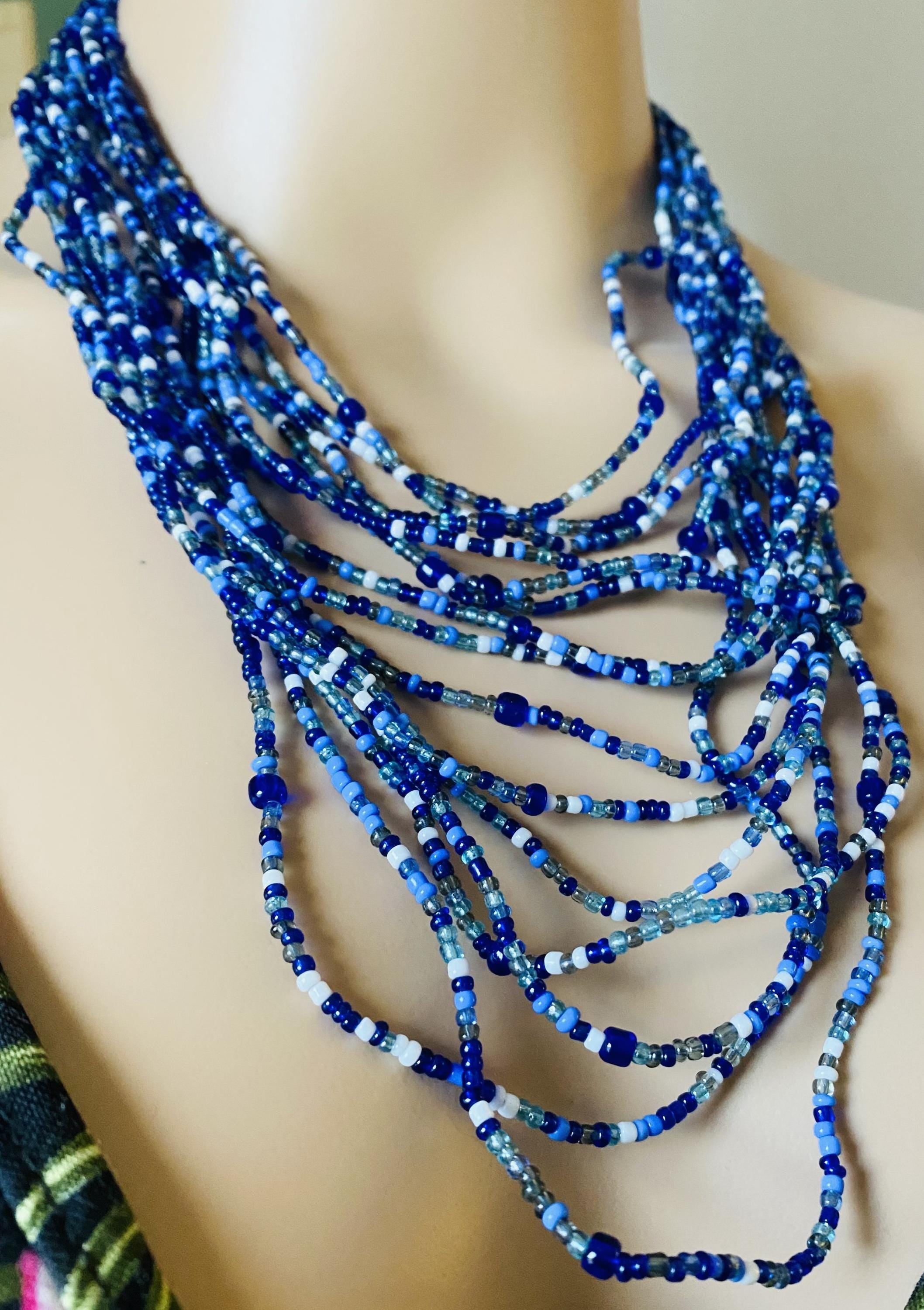 AVON Multi-Stand Seed Bead Necklace - BLUE - NEW deadstock, in box 2007 - Peppermint-Twist-Vintage.com