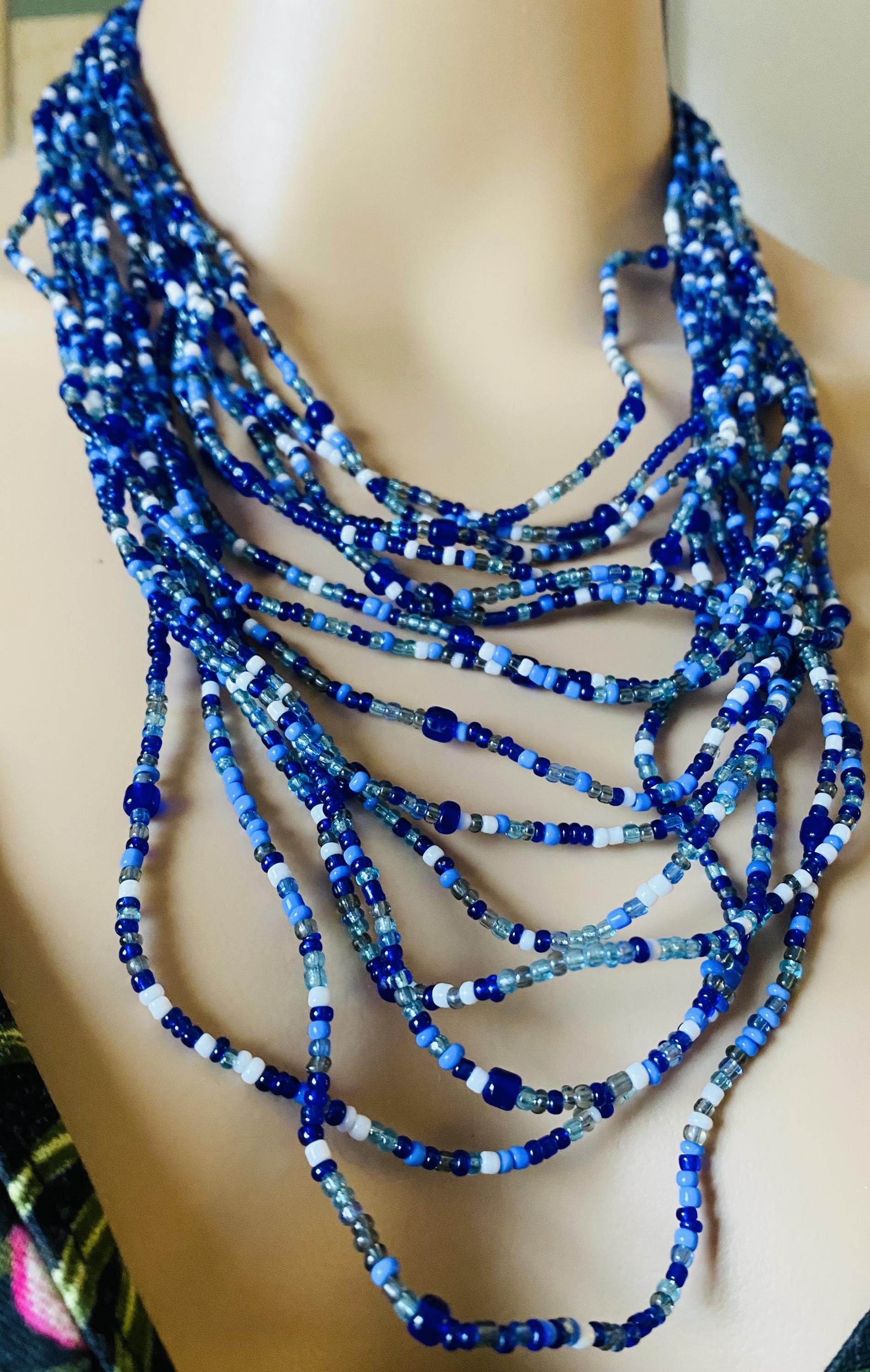 AVON Multi-Stand Seed Bead Necklace - BLUE - NEW deadstock, in box 2007 - Peppermint-Twist-Vintage.com