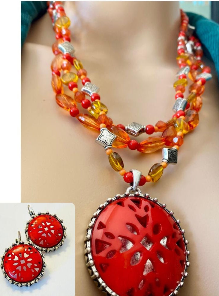 Avon Jewelry Set, Spice Colored Pendant Triple Strand Necklace and Matching Pierced Earring Set, New Old Stock, 2007, in original box - Peppermint-Twist-Vintage.com