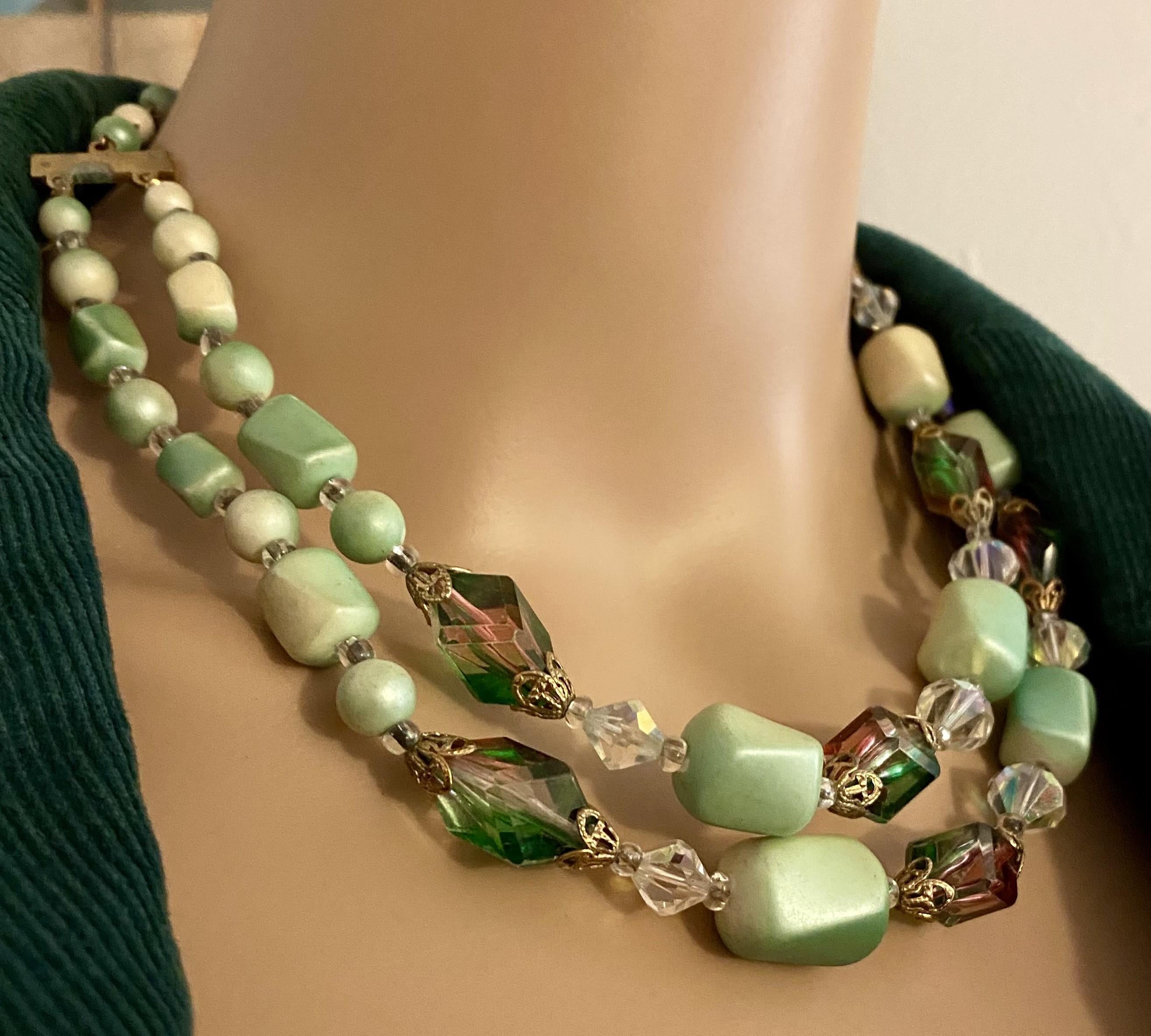 Stunning Vintage Double Strand Green and Multi-shade Lucite and Watermelon Beads Necklace 16" - 17"