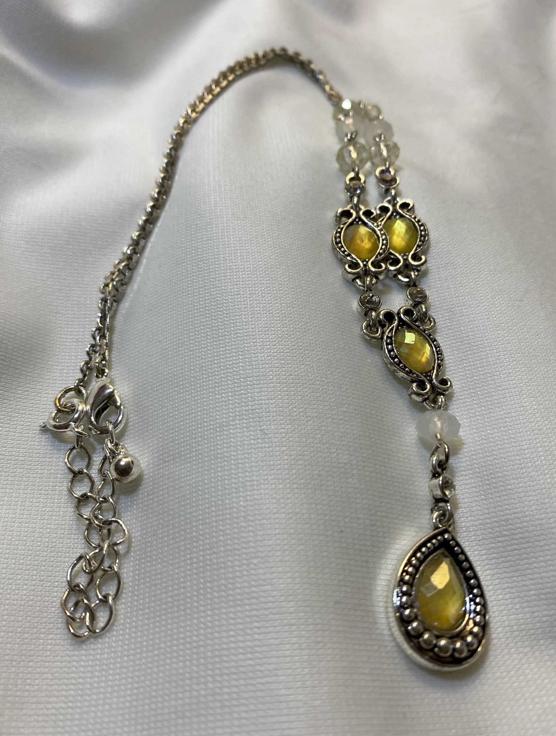 AVON, T shaped Silvertone Amber Faceted Teardrop Beads and Filigree Necklace 18" and extender, Mint condition, SH by Samuel Hill Jewelers - Peppermint-Twist-Vintage.com