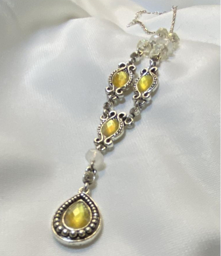 AVON, T shaped Silvertone Amber Faceted Teardrop Beads and Filigree Necklace 18" and extender, Mint condition, SH by Samuel Hill Jewelers - Peppermint-Twist-Vintage.com