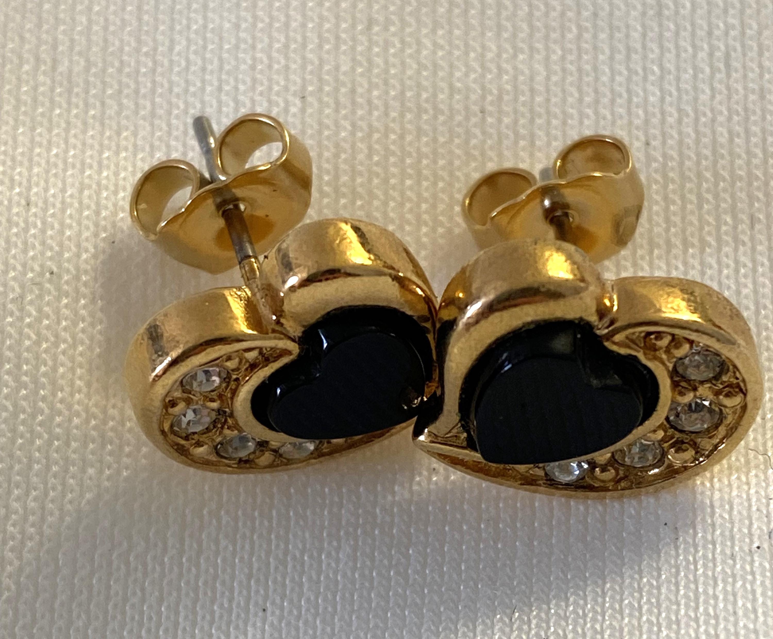 AVON Black Heart and Rhinestone Shaped Earrings, Gold Tone, Signed, In Mint Condition, New Deadstock (never worn) - Peppermint-Twist-Vintage.com
