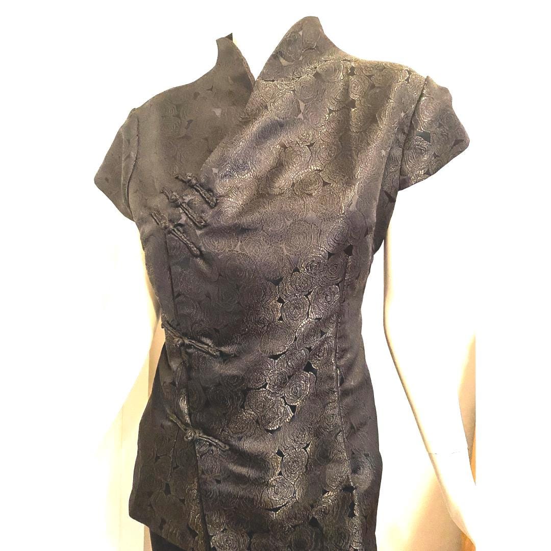Black Satine Asian Top, XL Bust 38-40, Waist 32 - Peppermint-Twist-Vintage.com