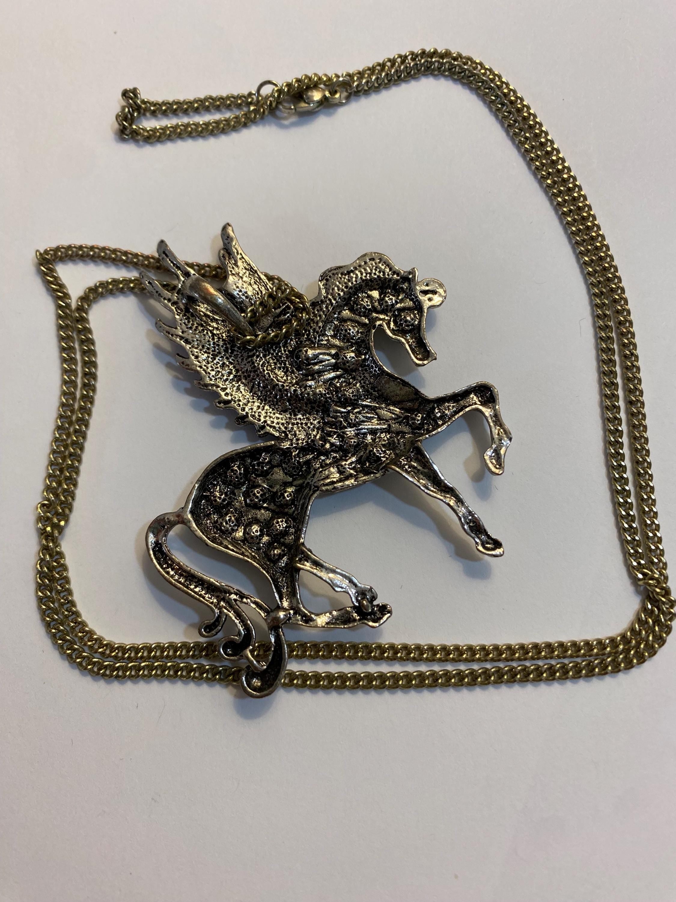 Gorgeous Silvertone and Rhinestone 3’’ Pegasus Pendant and Necklace. 36’’ Chain included, unsigned