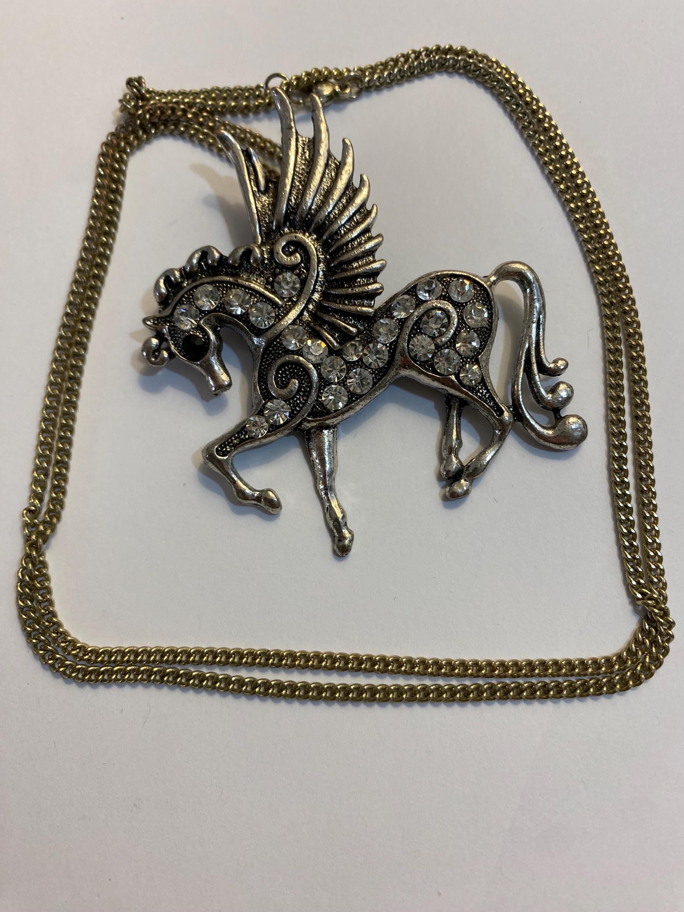 Gorgeous Silvertone and Rhinestone 3’’ Pegasus Pendant and Necklace. 36’’ Chain included, unsigned