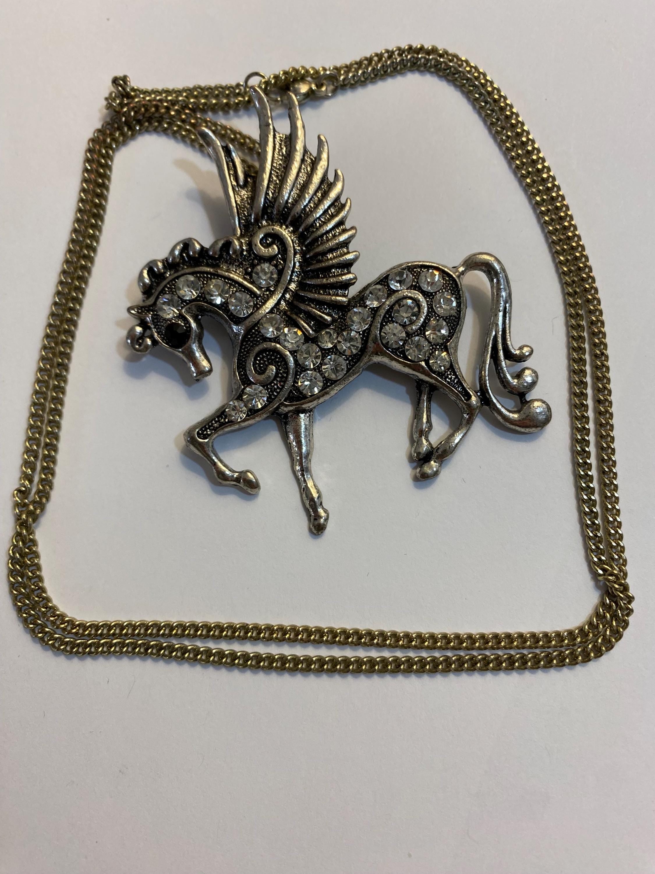 Gorgeous Silvertone and Rhinestone 3’’ Pegasus Pendant and Necklace. 36’’ Chain included, unsigned