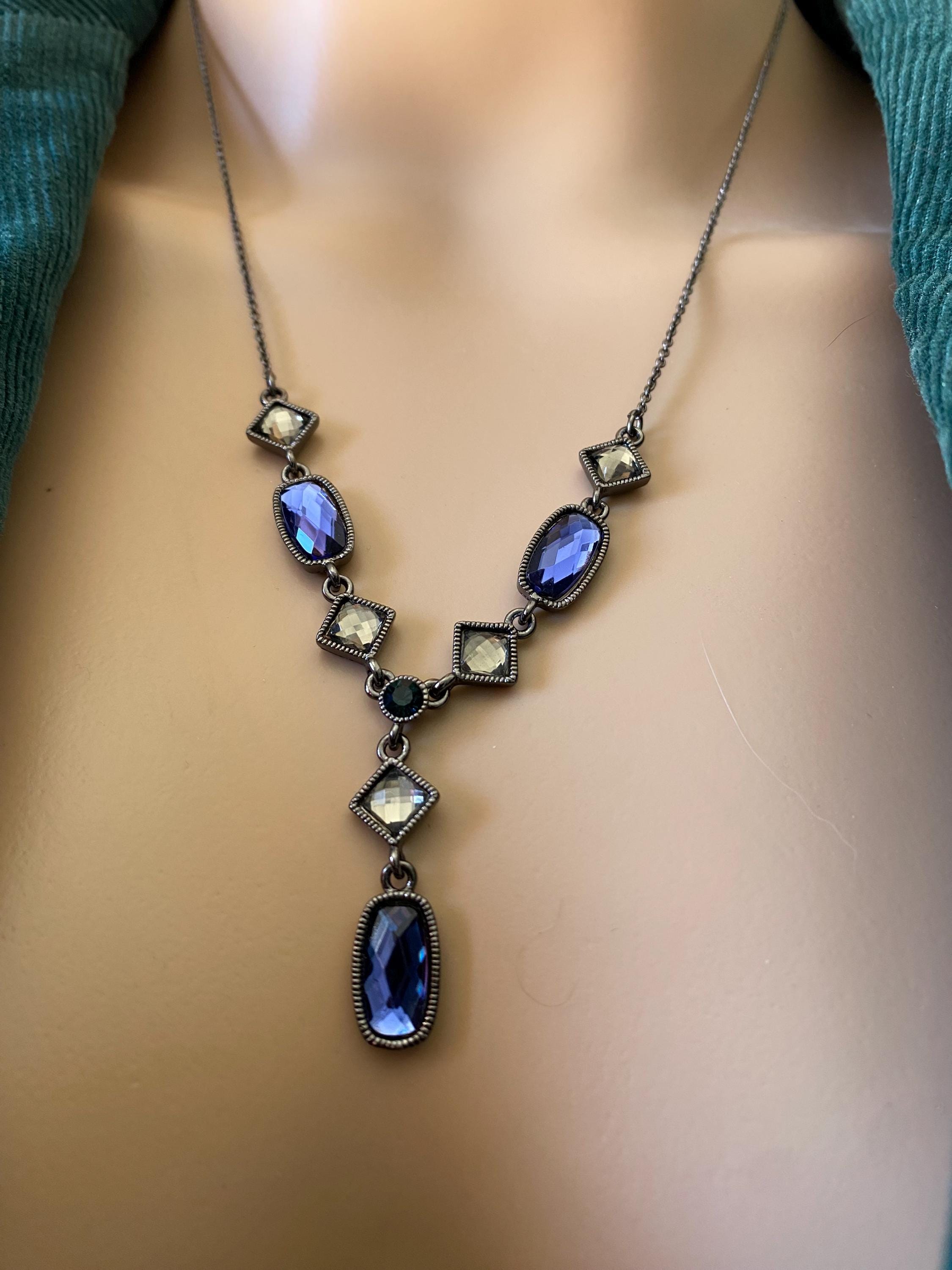 Avon Blue Y Shaped Necklace and Matching Blue Pierced Earrings - Gorgeous. - Peppermint-Twist-Vintage.com