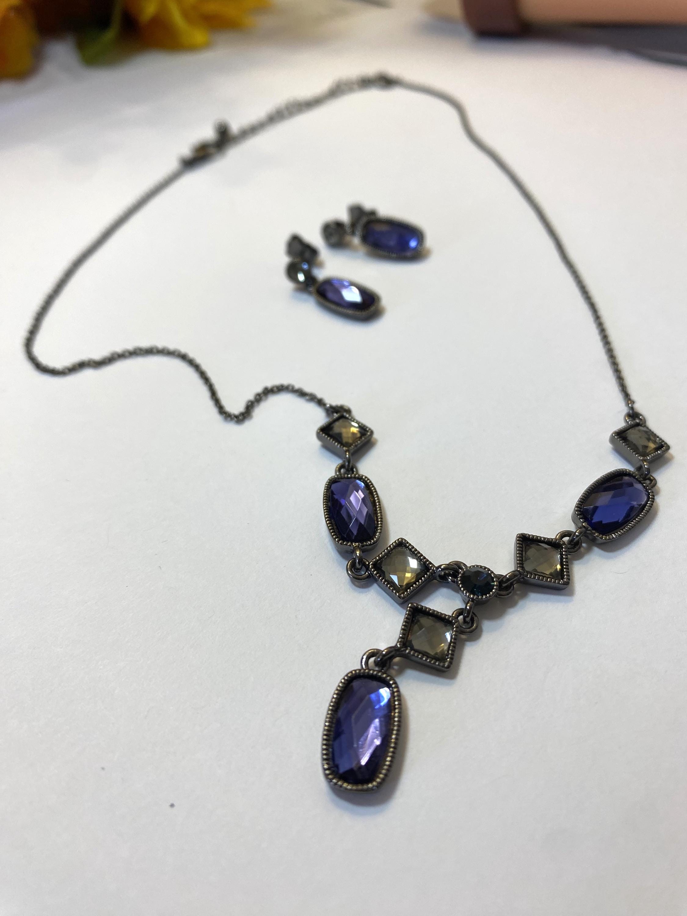 Avon Blue Y Shaped Necklace and Matching Blue Pierced Earrings - Gorgeous. - Peppermint-Twist-Vintage.com