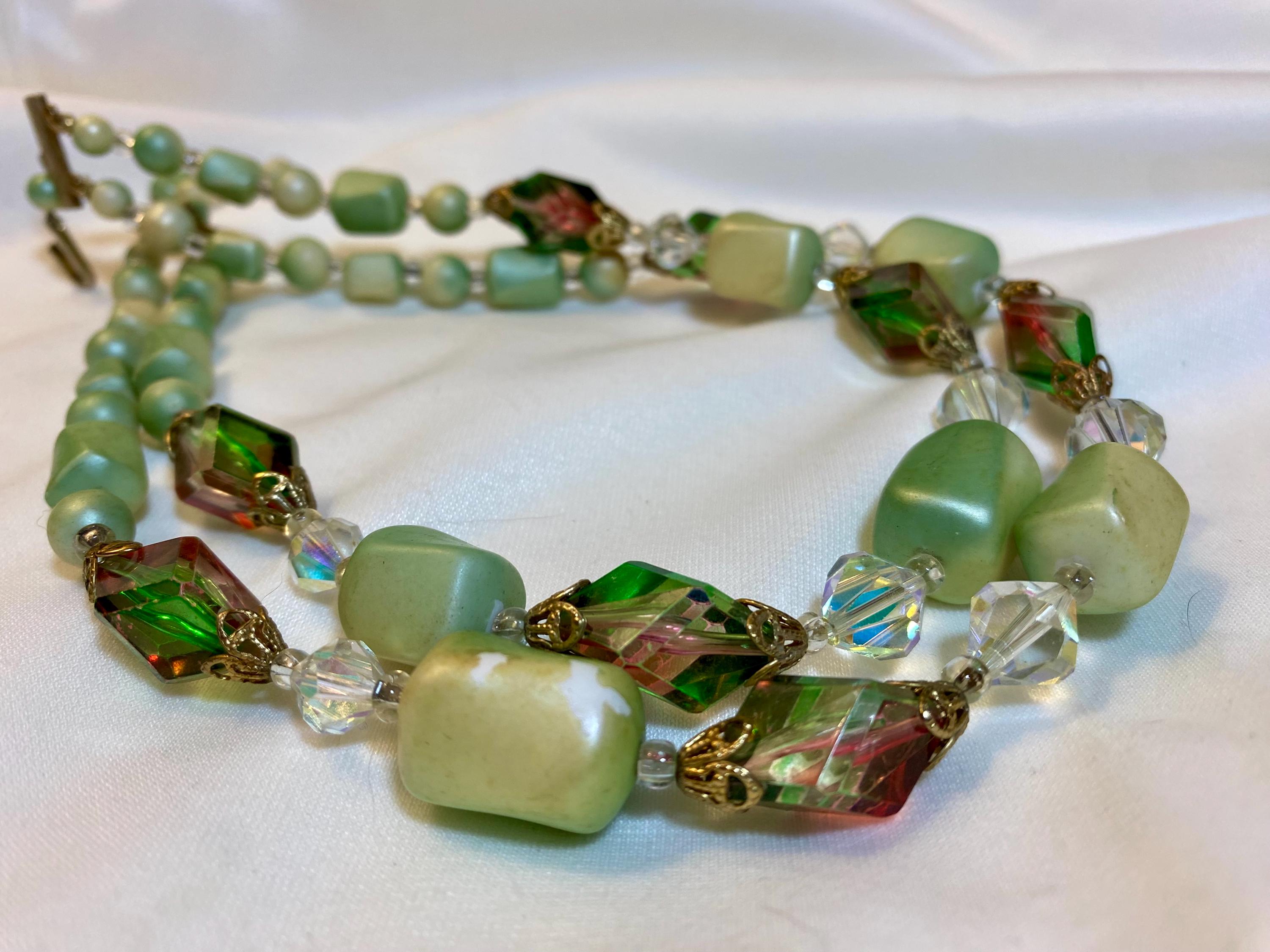 Stunning Vintage Double Strand Green and Multi-shade Lucite and Watermelon Beads Necklace 16" - 17"