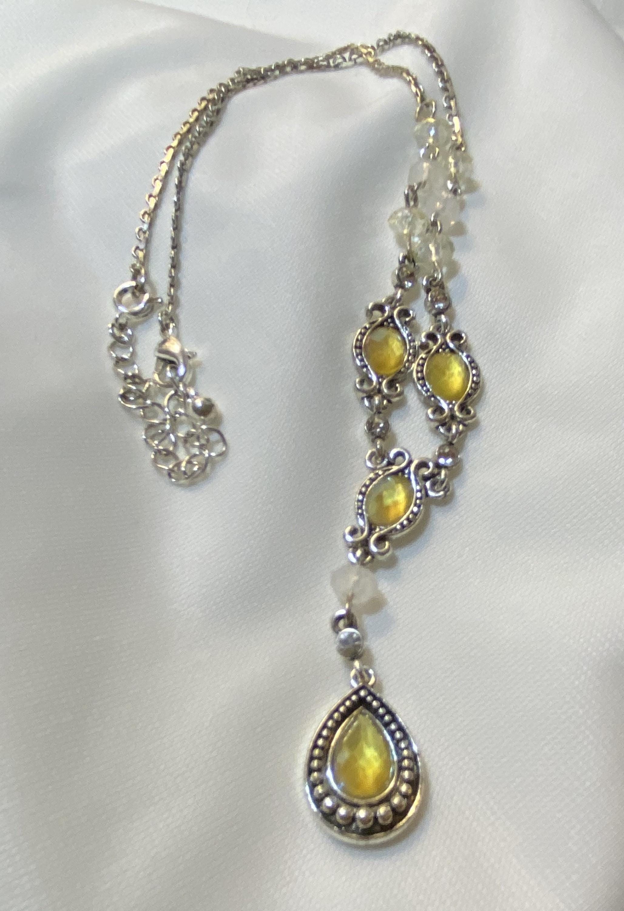 AVON, T shaped Silvertone Amber Faceted Teardrop Beads and Filigree Necklace 18" and extender, Mint condition, SH by Samuel Hill Jewelers - Peppermint-Twist-Vintage.com