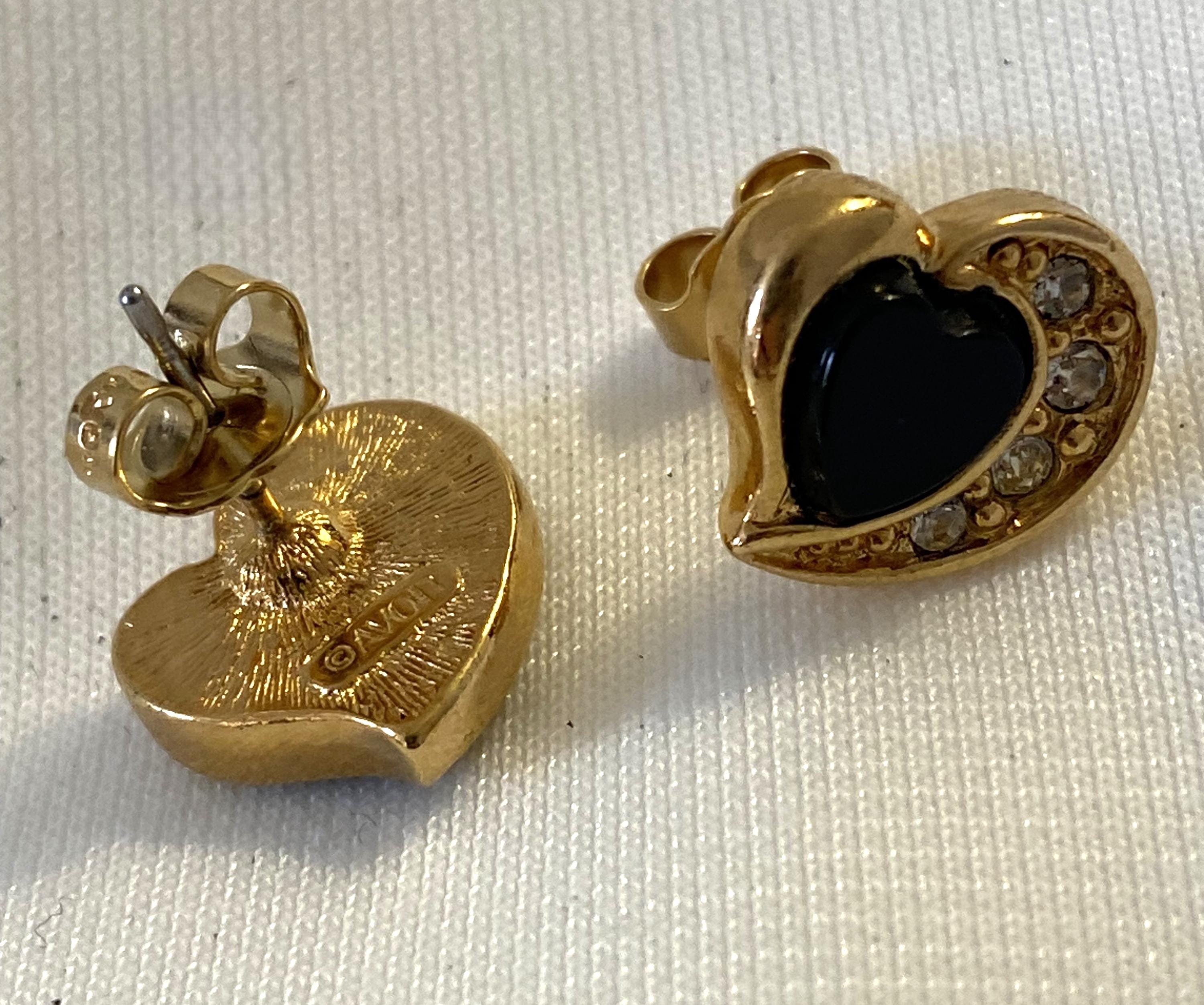 AVON Black Heart and Rhinestone Shaped Earrings, Gold Tone, Signed, In Mint Condition, New Deadstock (never worn) - Peppermint-Twist-Vintage.com