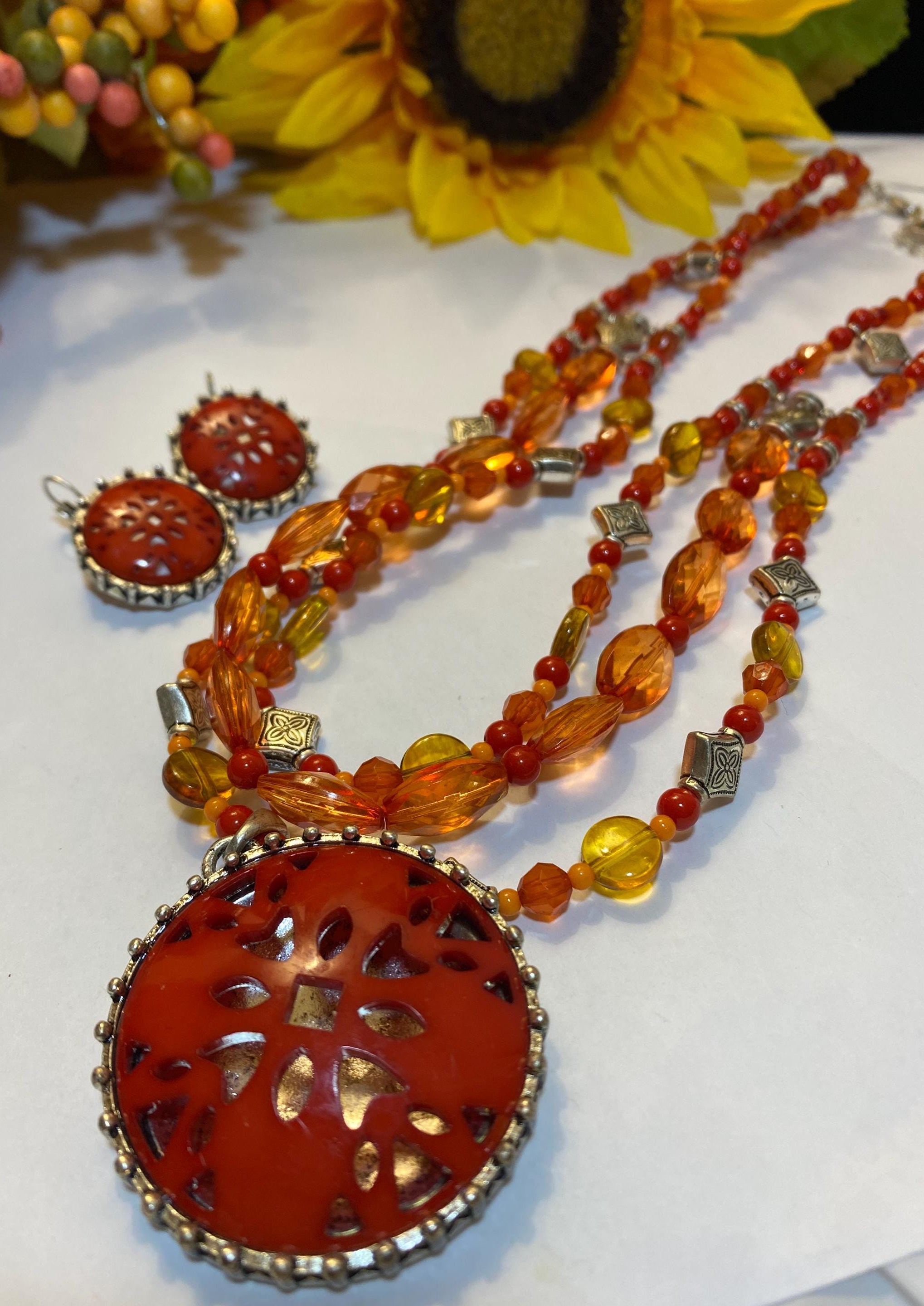 Avon Jewelry Set, Spice Colored Pendant Triple Strand Necklace and Matching Pierced Earring Set, New Old Stock, 2007, in original box - Peppermint-Twist-Vintage.com