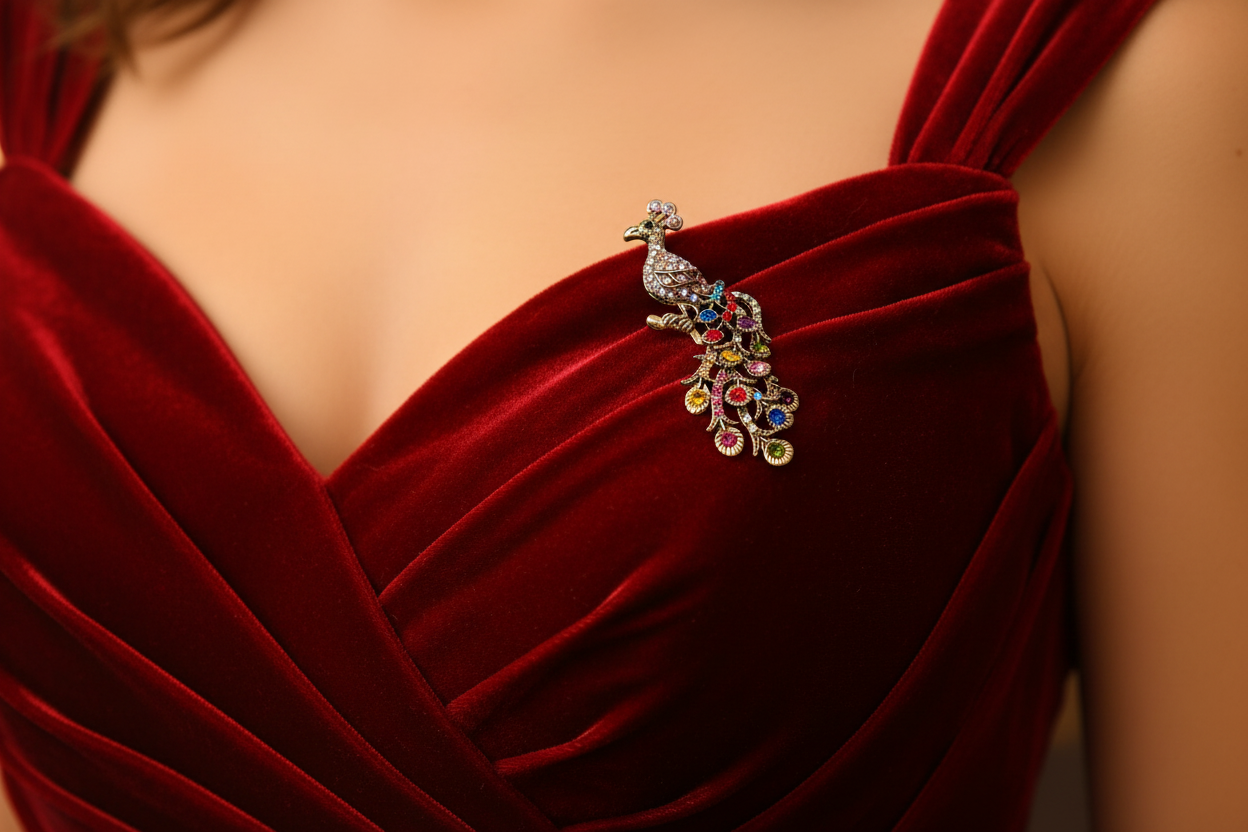 Peacock brooch on red dress