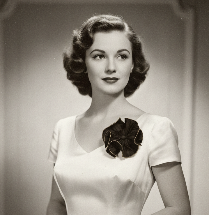 Vintage 1940s lady wearing Avon Rare Ruffle Pin at accurate scale